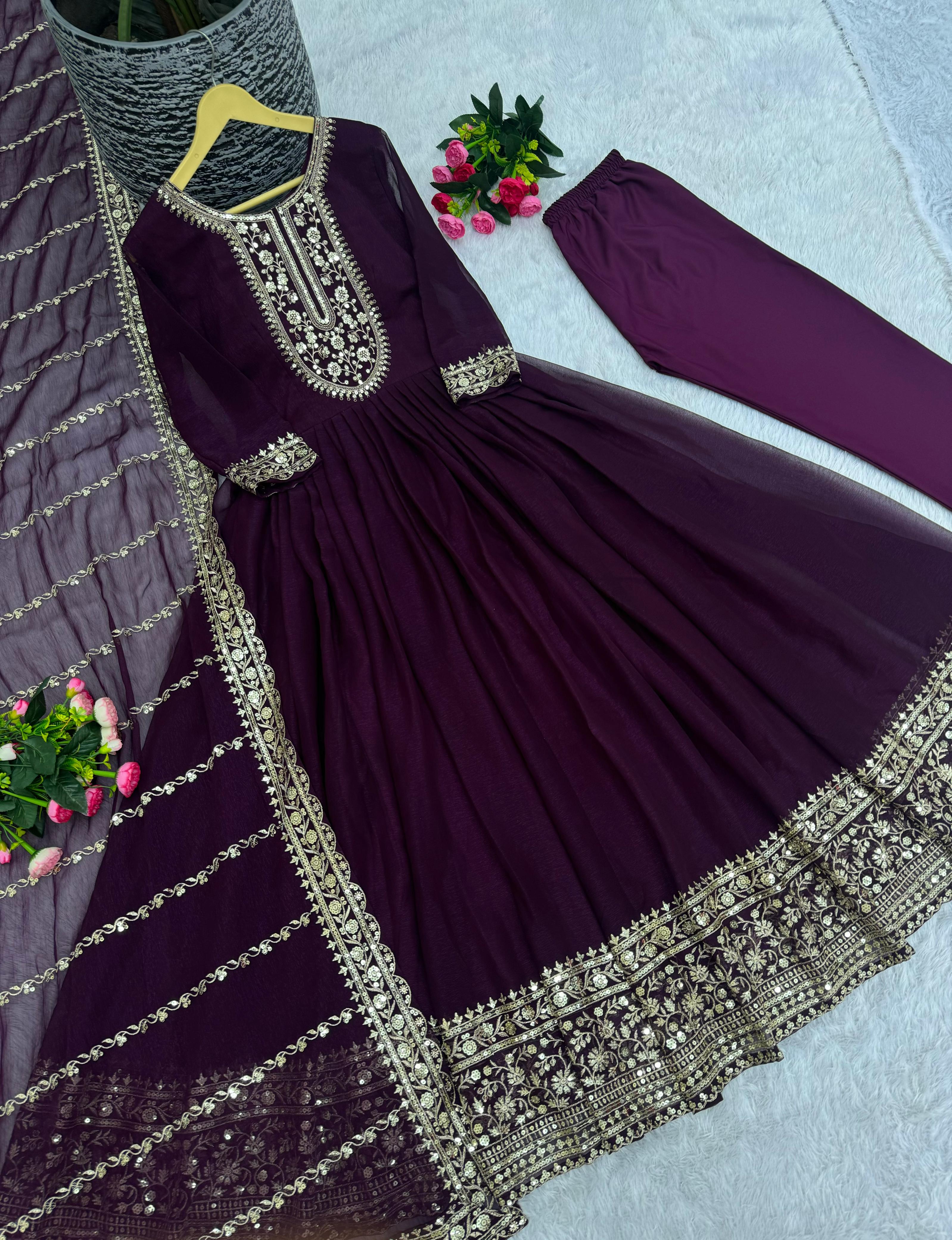 Beautiful Look Sequence Work Wine Long Anarkali Gown