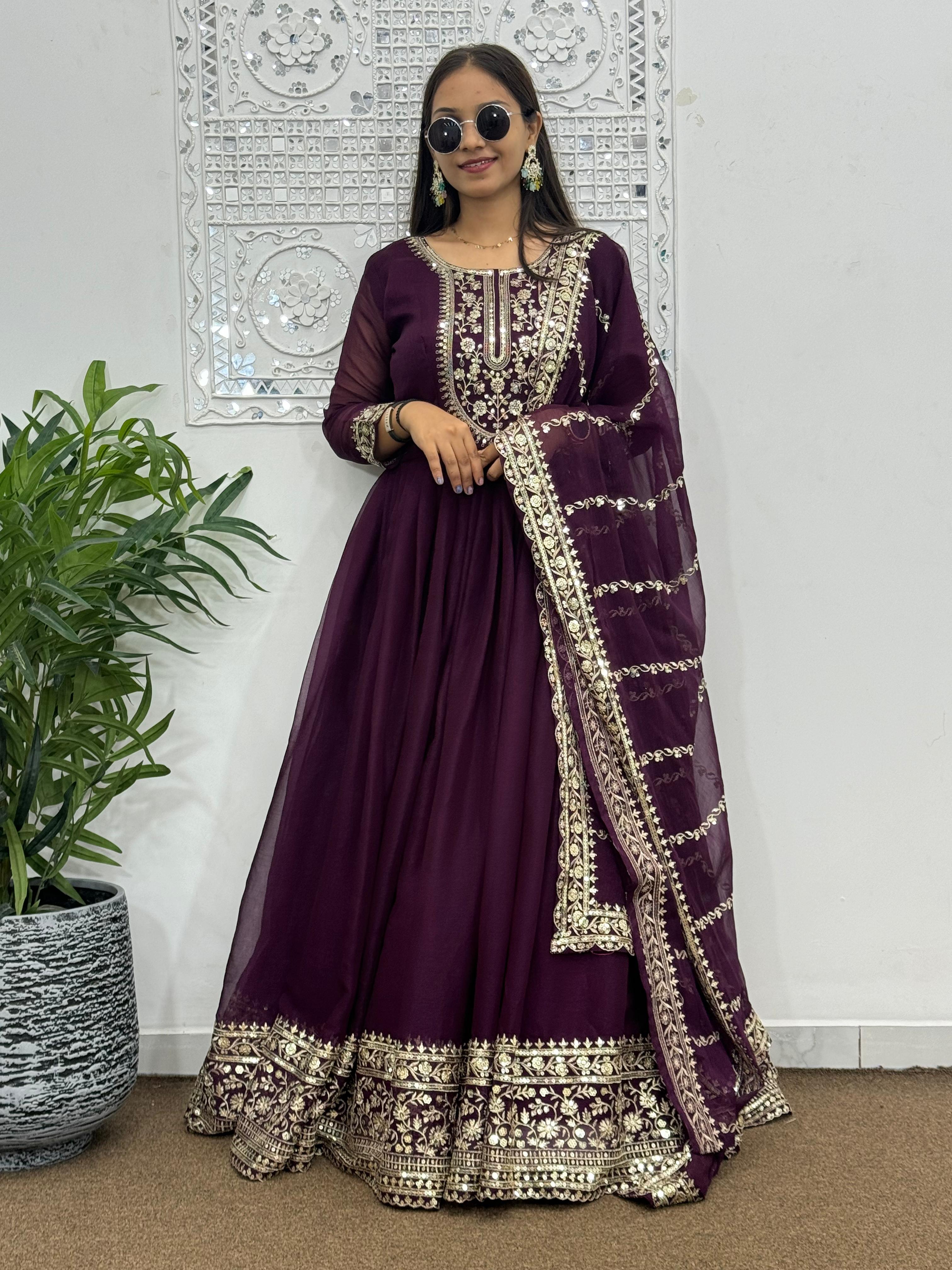 Beautiful Look Sequence Work Wine Long Anarkali Gown