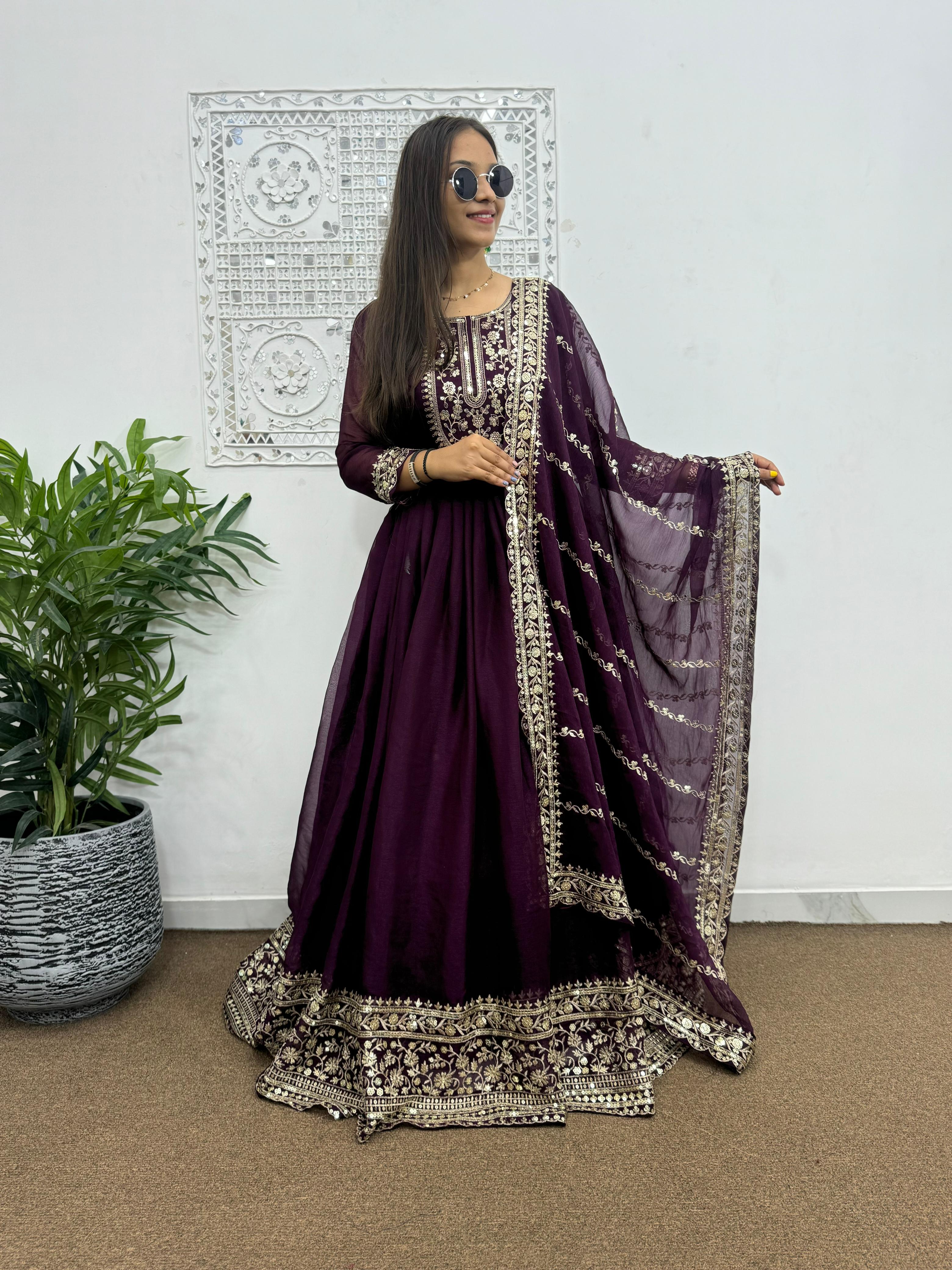 Beautiful Look Sequence Work Wine Long Anarkali Gown