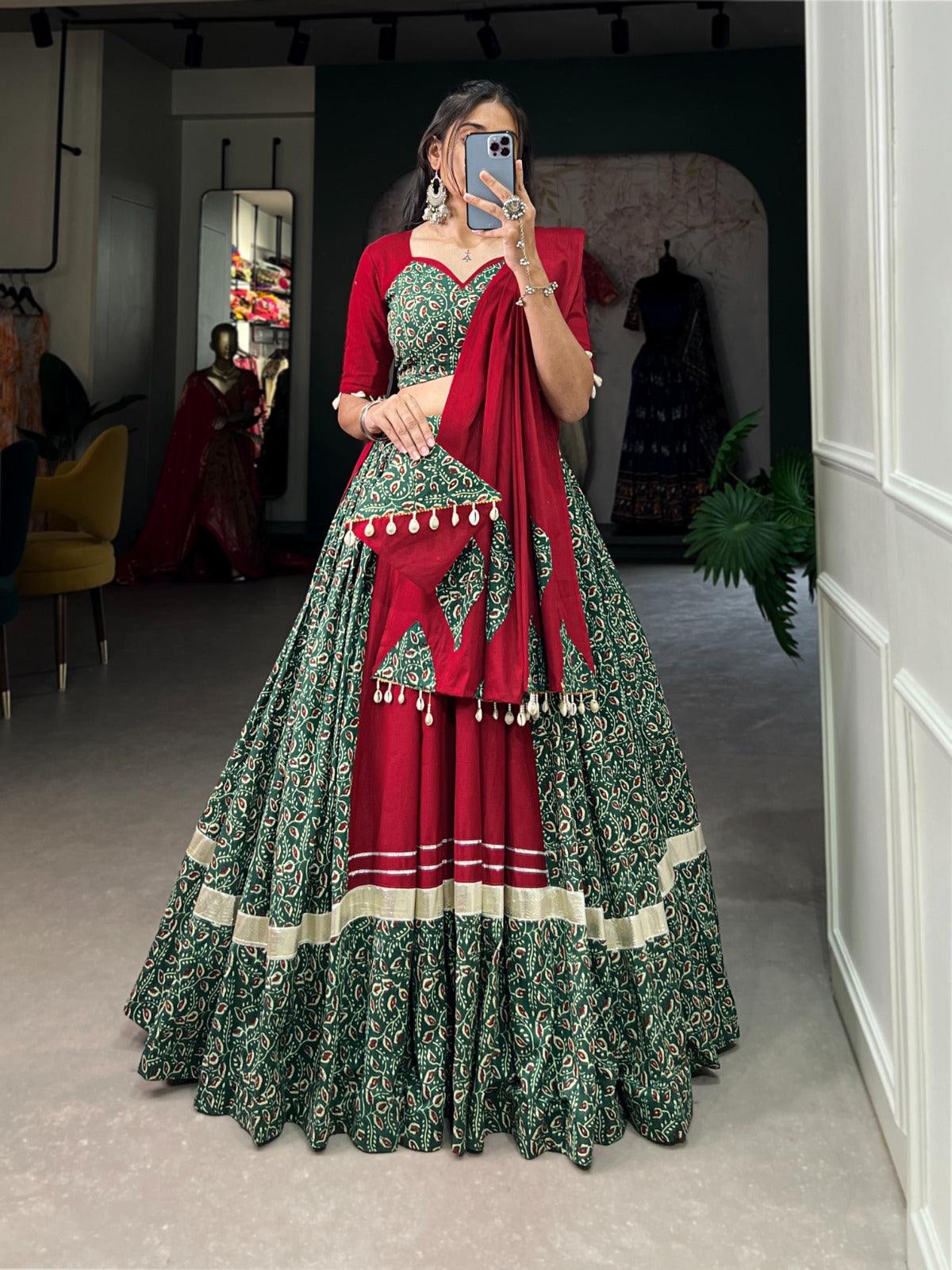 Stylish Green Color Gota Patti Lace With Printed Lehenga Choli