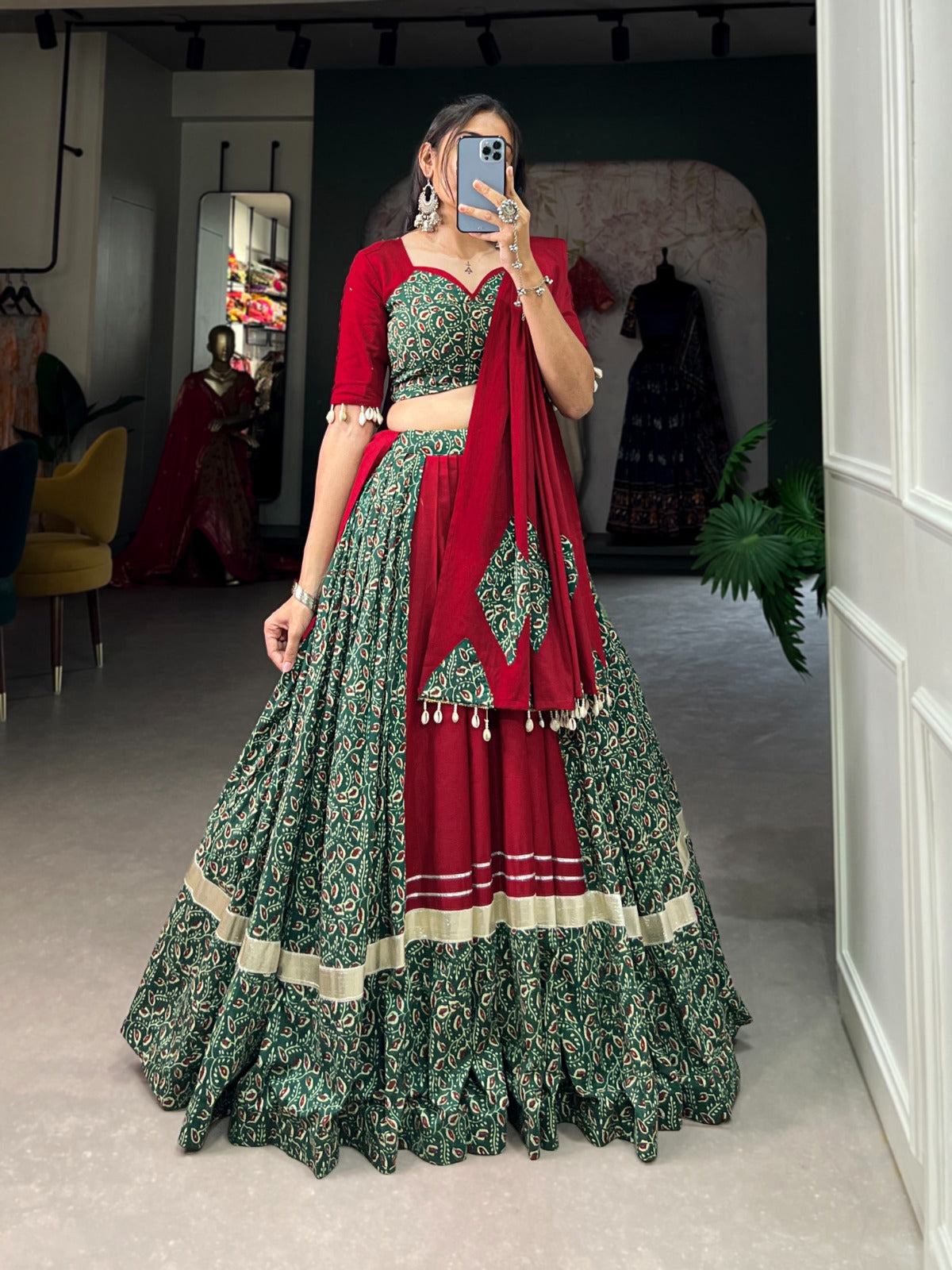 Stylish Green Color Gota Patti Lace With Printed Lehenga Choli