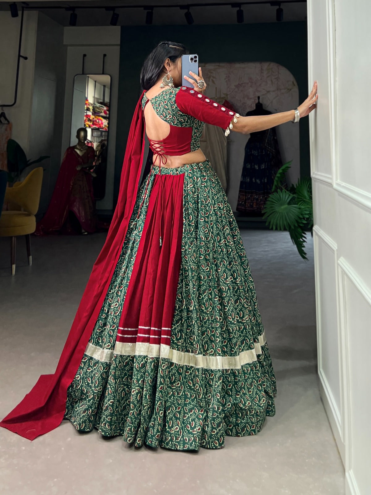 Stylish Green Color Gota Patti Lace With Printed Lehenga Choli