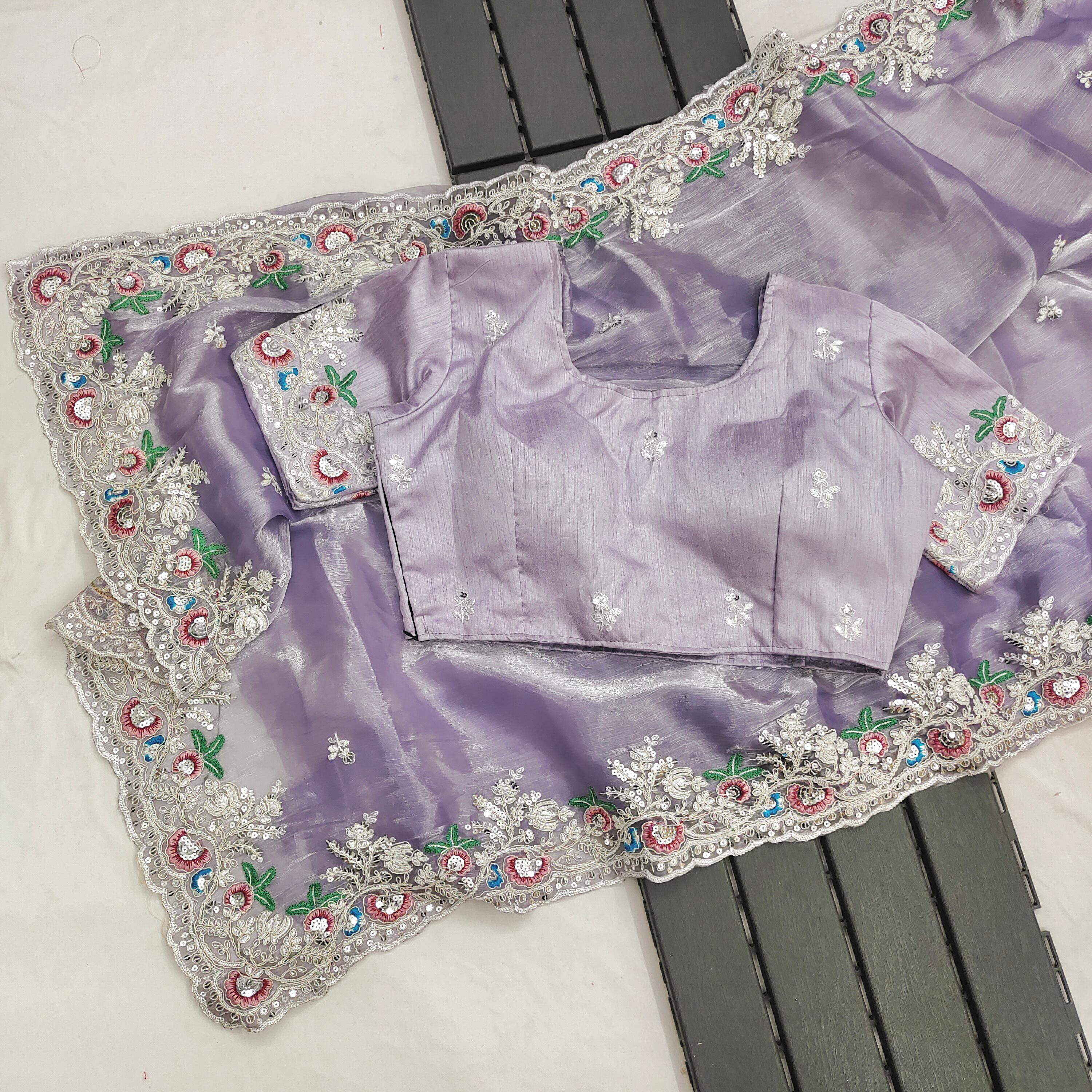 Captivating Lavender Color Multi Embroidery Work Saree