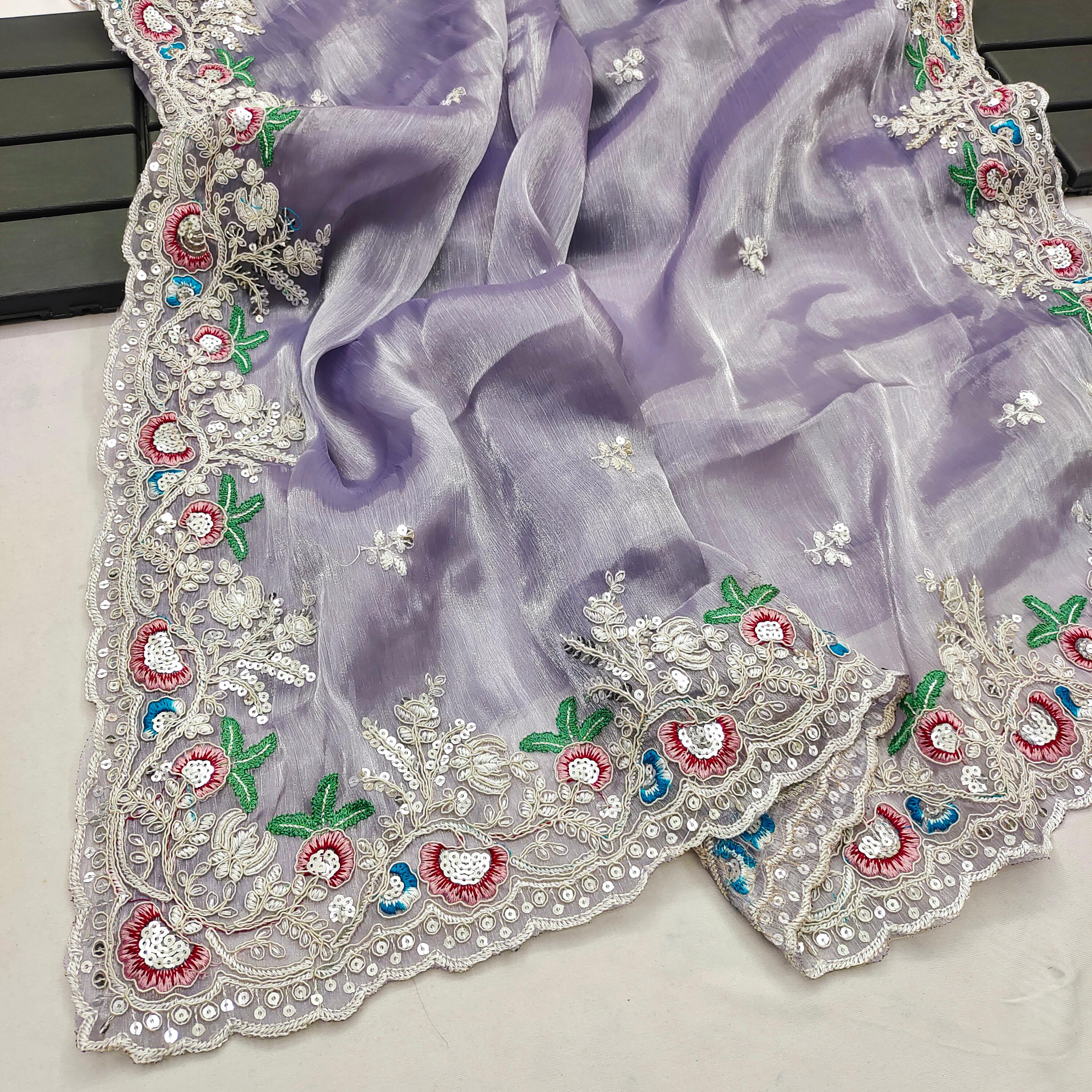 Captivating Lavender Color Multi Embroidery Work Saree