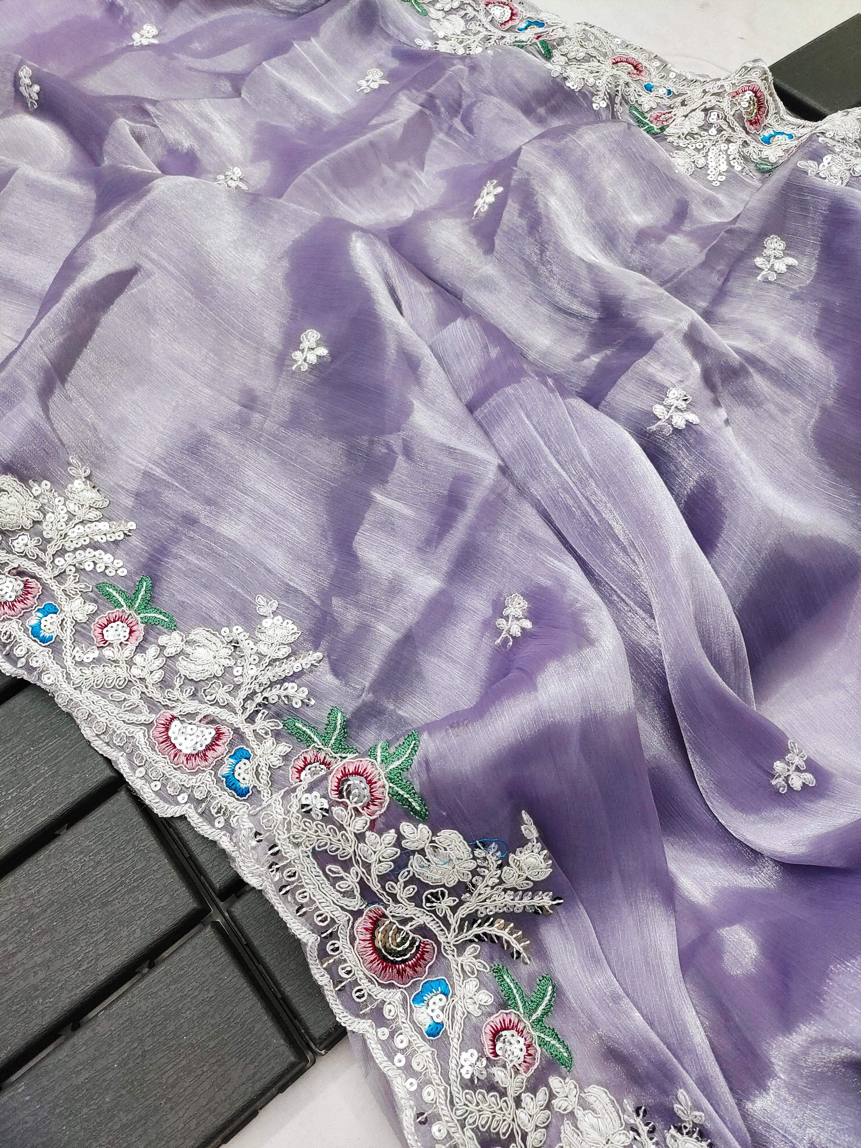 Captivating Lavender Color Multi Embroidery Work Saree