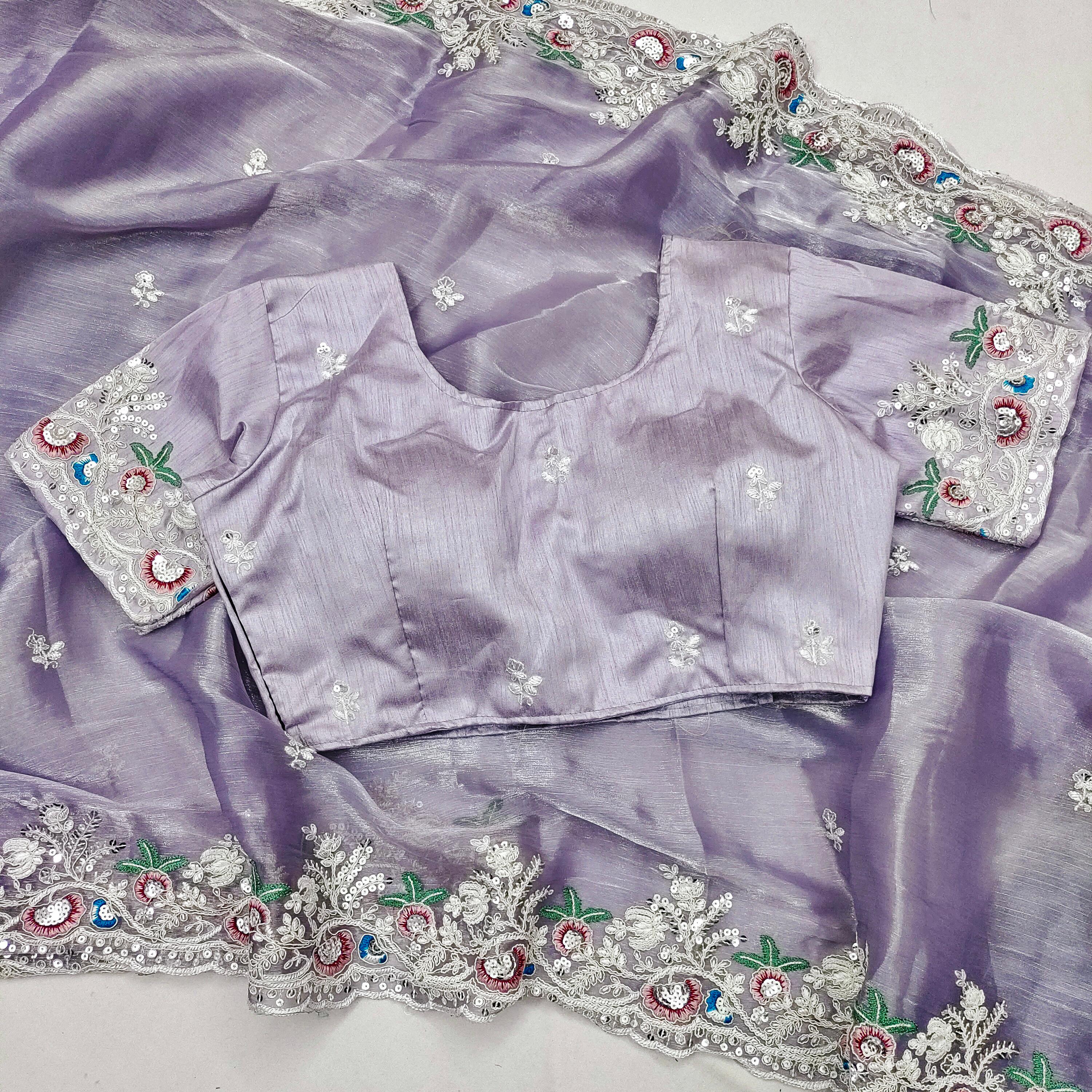 Captivating Lavender Color Multi Embroidery Work Saree