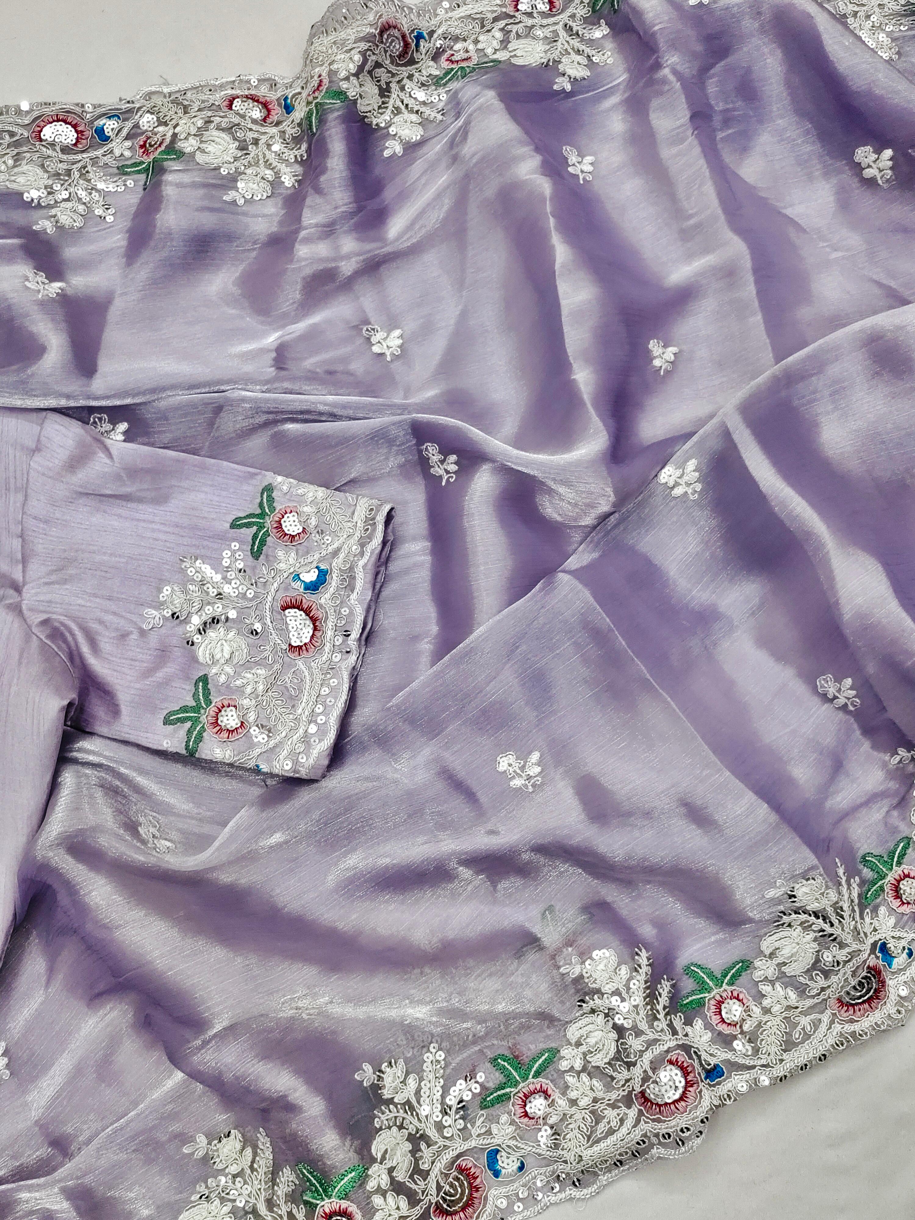 Captivating Lavender Color Multi Embroidery Work Saree