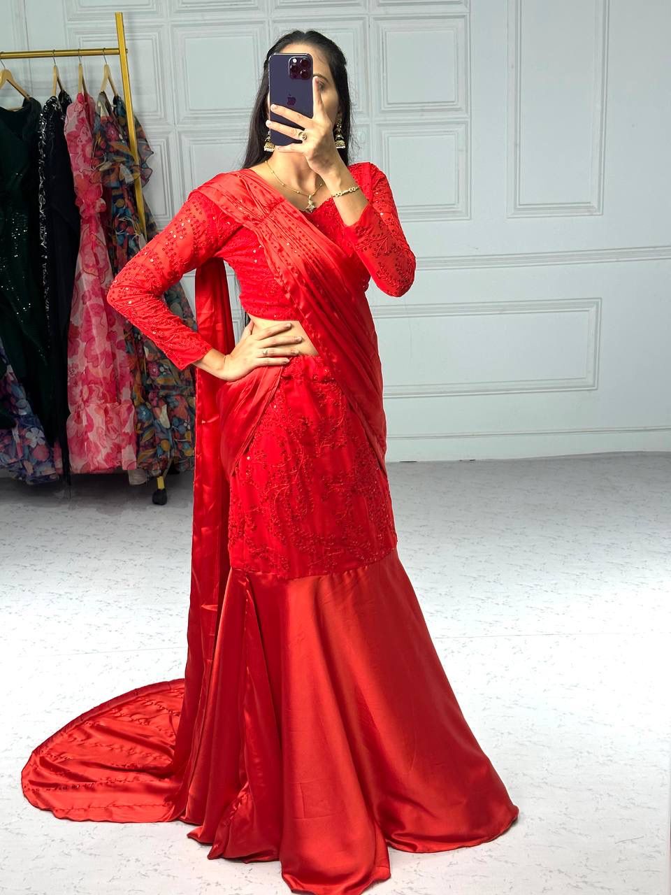 Captivating Red Color Georgette Lehenga Saree