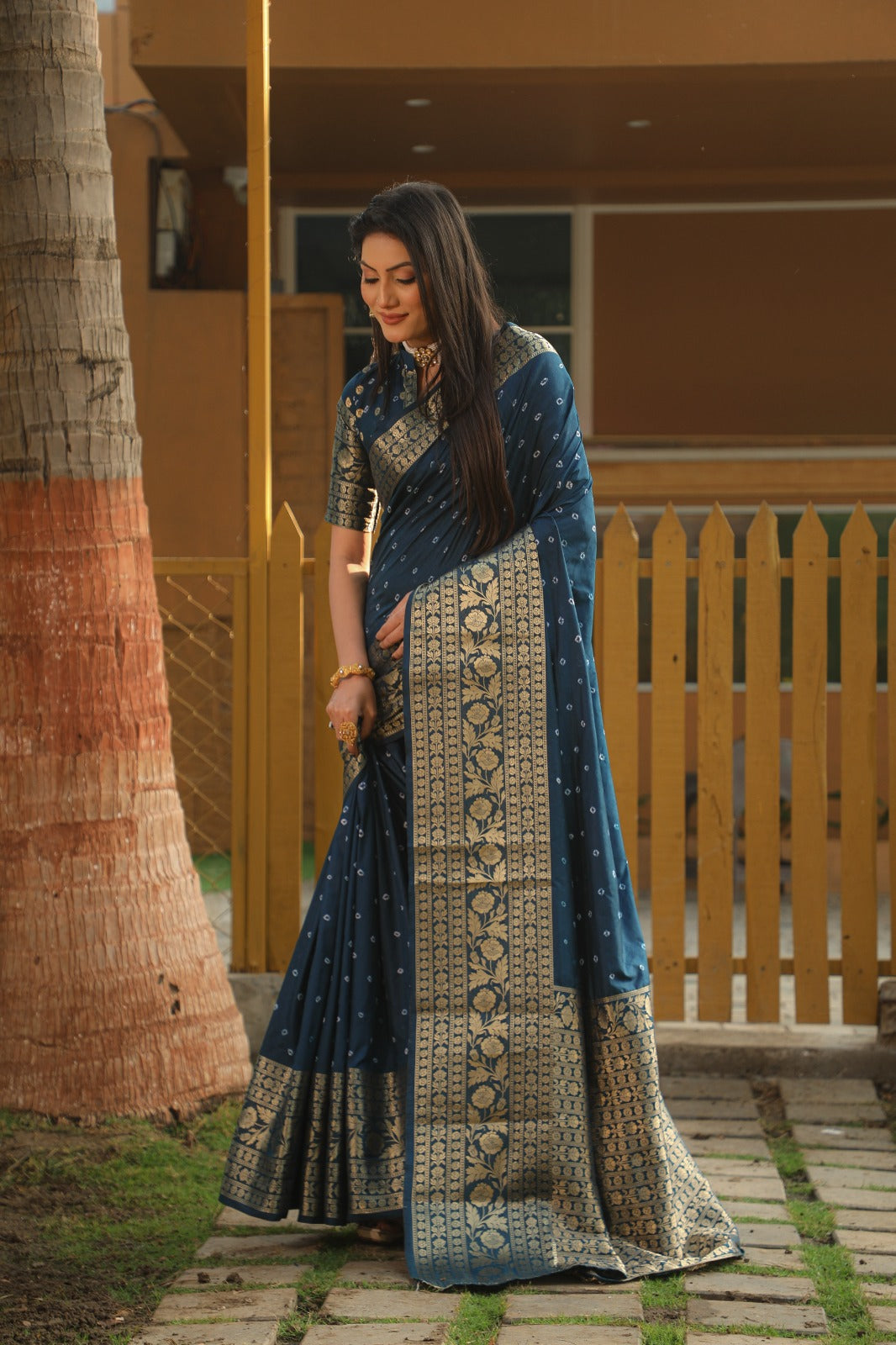 Teal Blue Color Beautiful Bandhani Print Kanjivaram Silk Saree