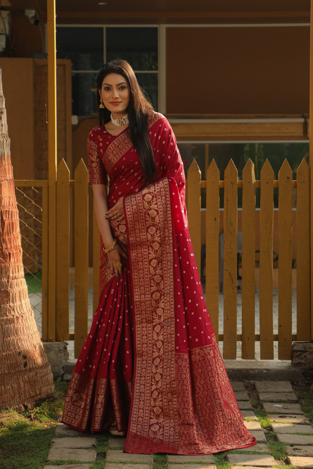 Maroon Color Beautiful Bandhani Print Kanjivaram Silk Saree