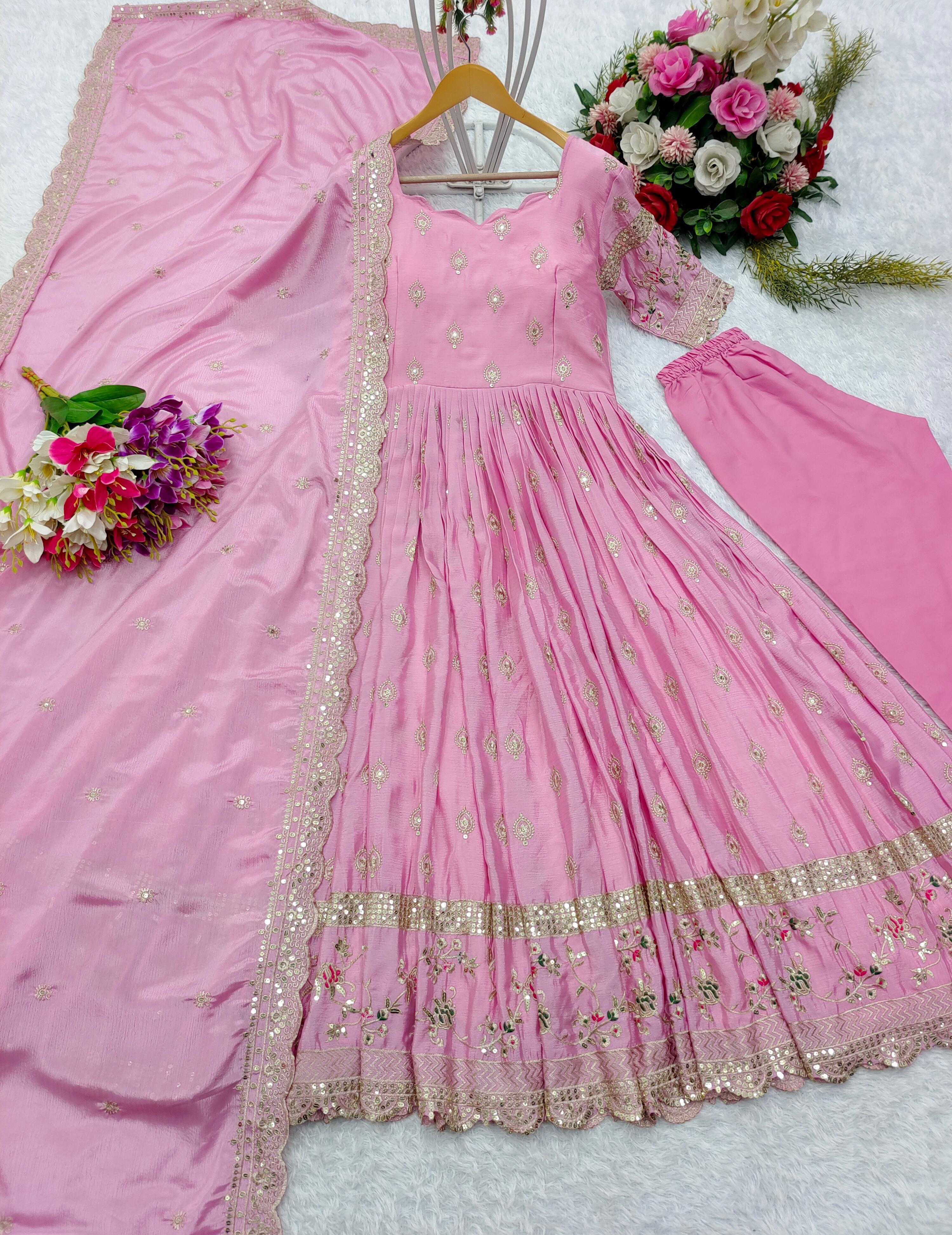 Flattering Pink Color Sequence Embroidery Work Long Gown