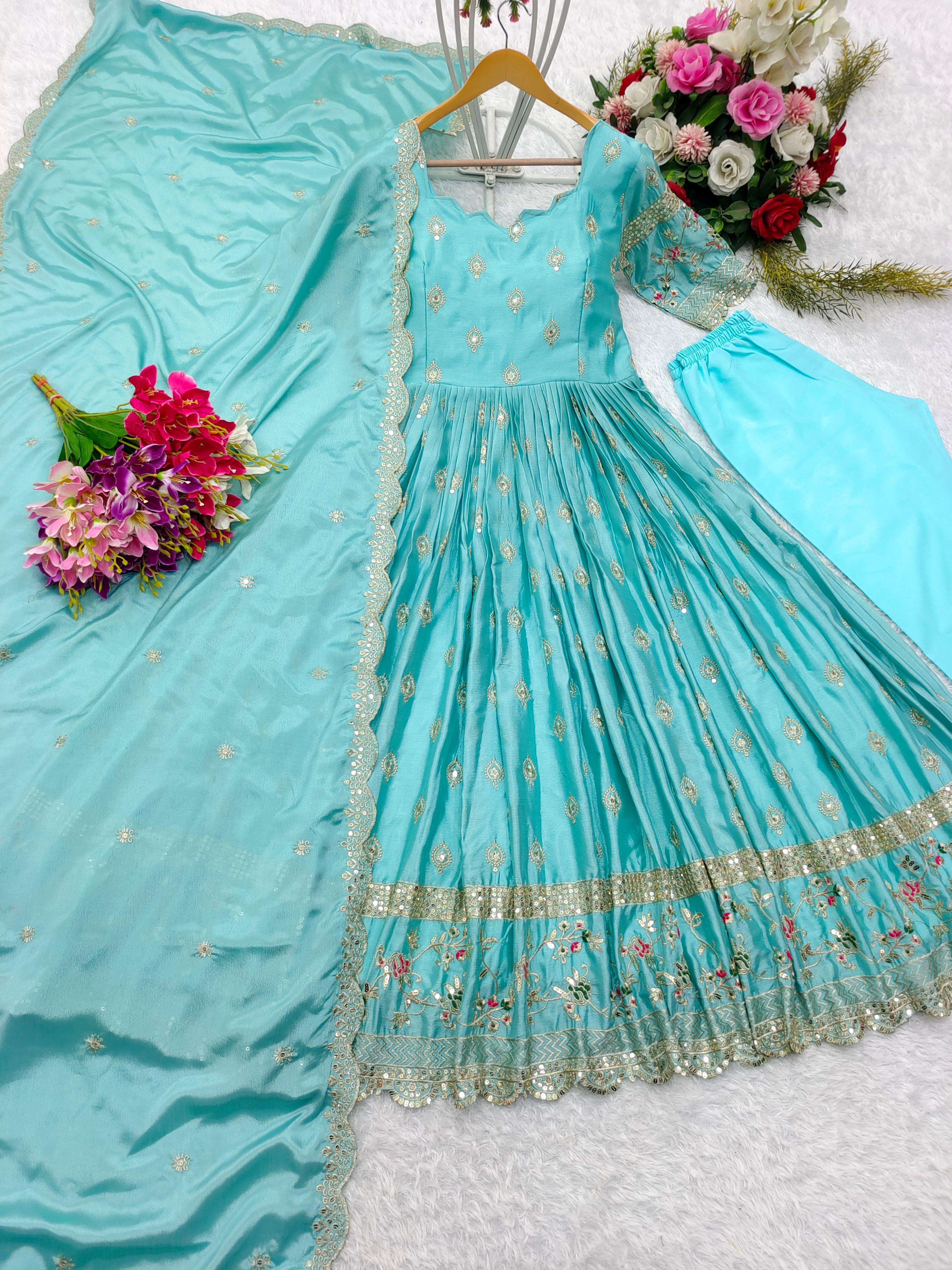 Flattering Sky Blue Color Sequence Embroidery Work Long Gown