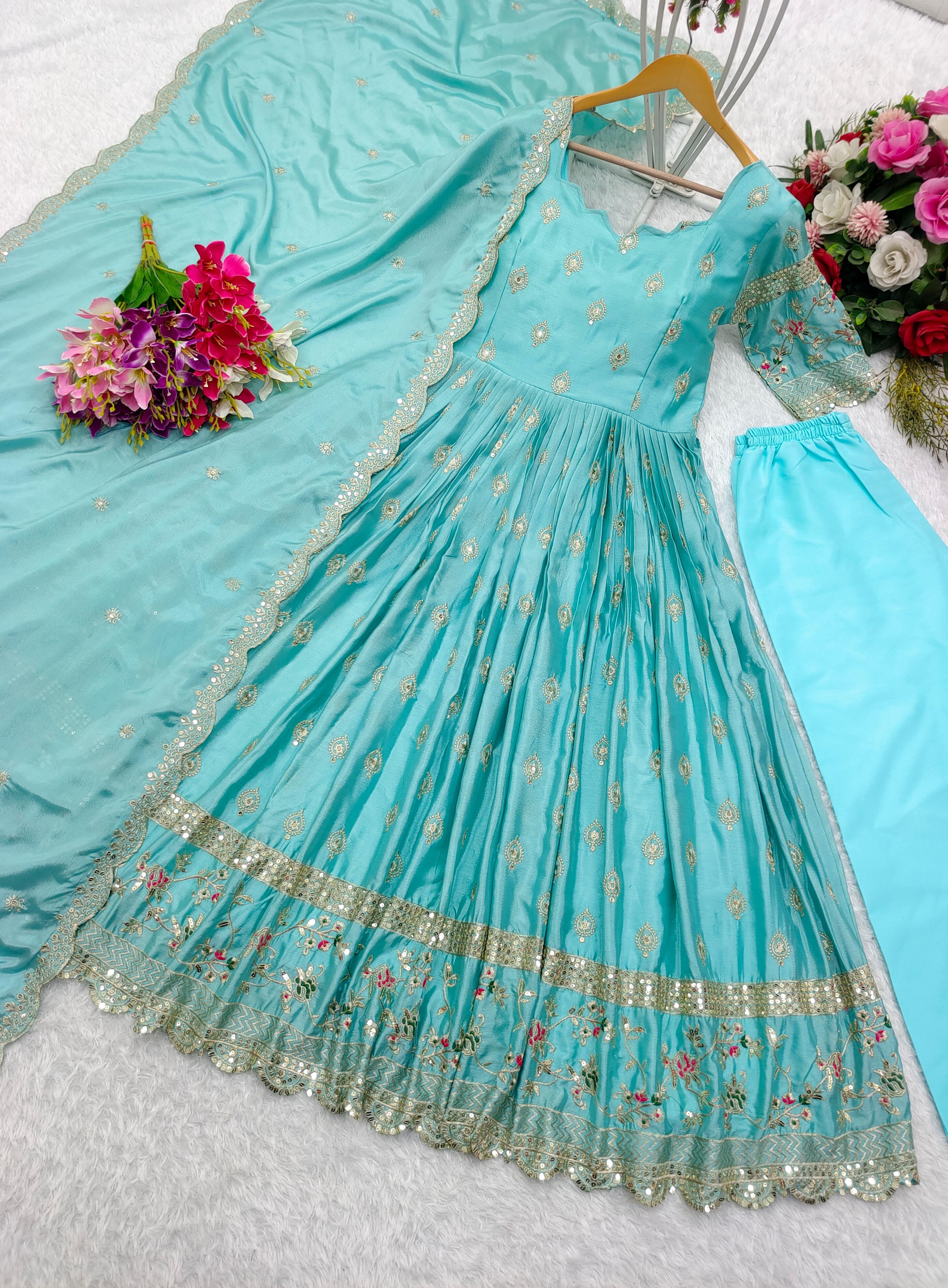 Flattering Sky Blue Color Sequence Embroidery Work Long Gown