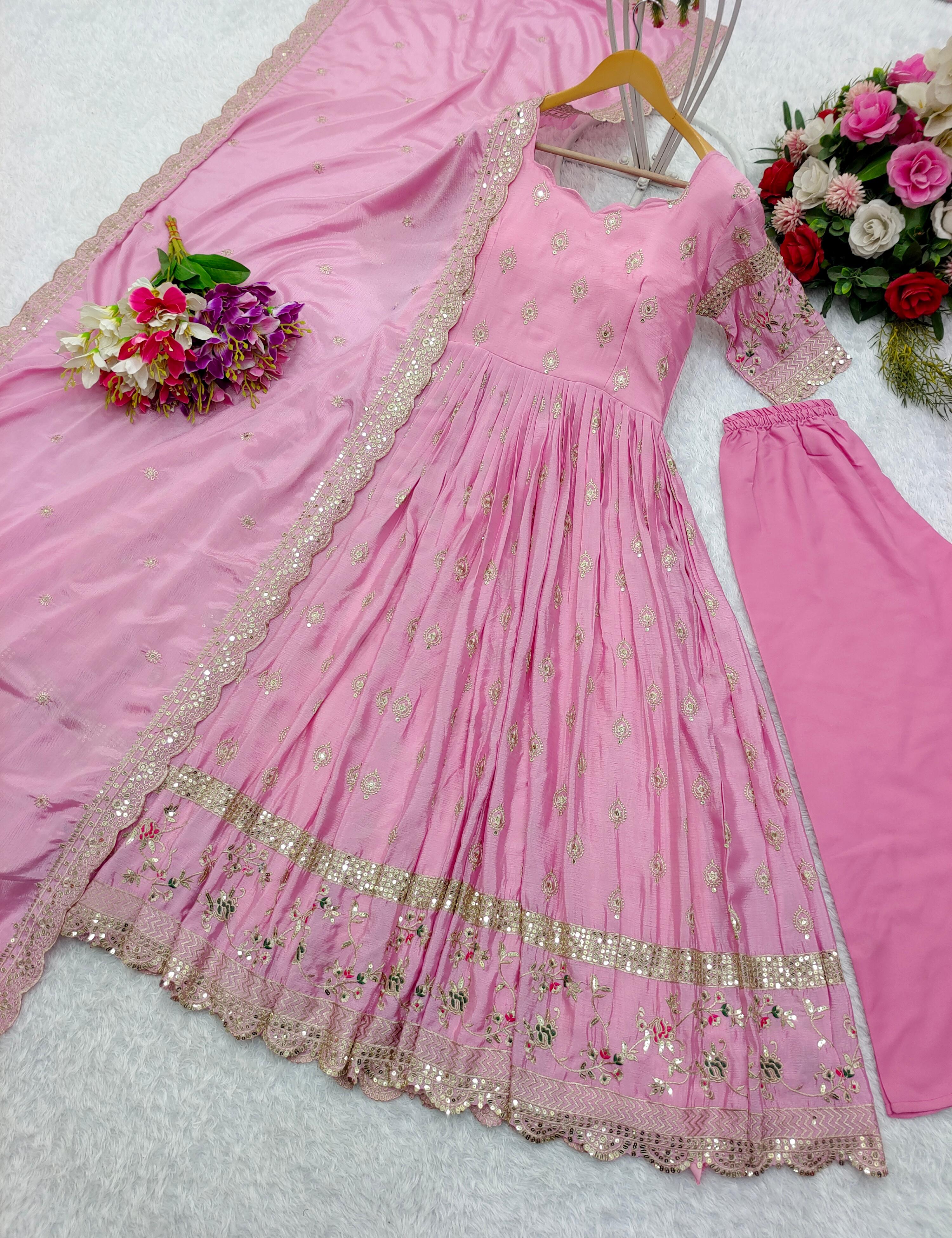 Flattering Pink Color Sequence Embroidery Work Long Gown