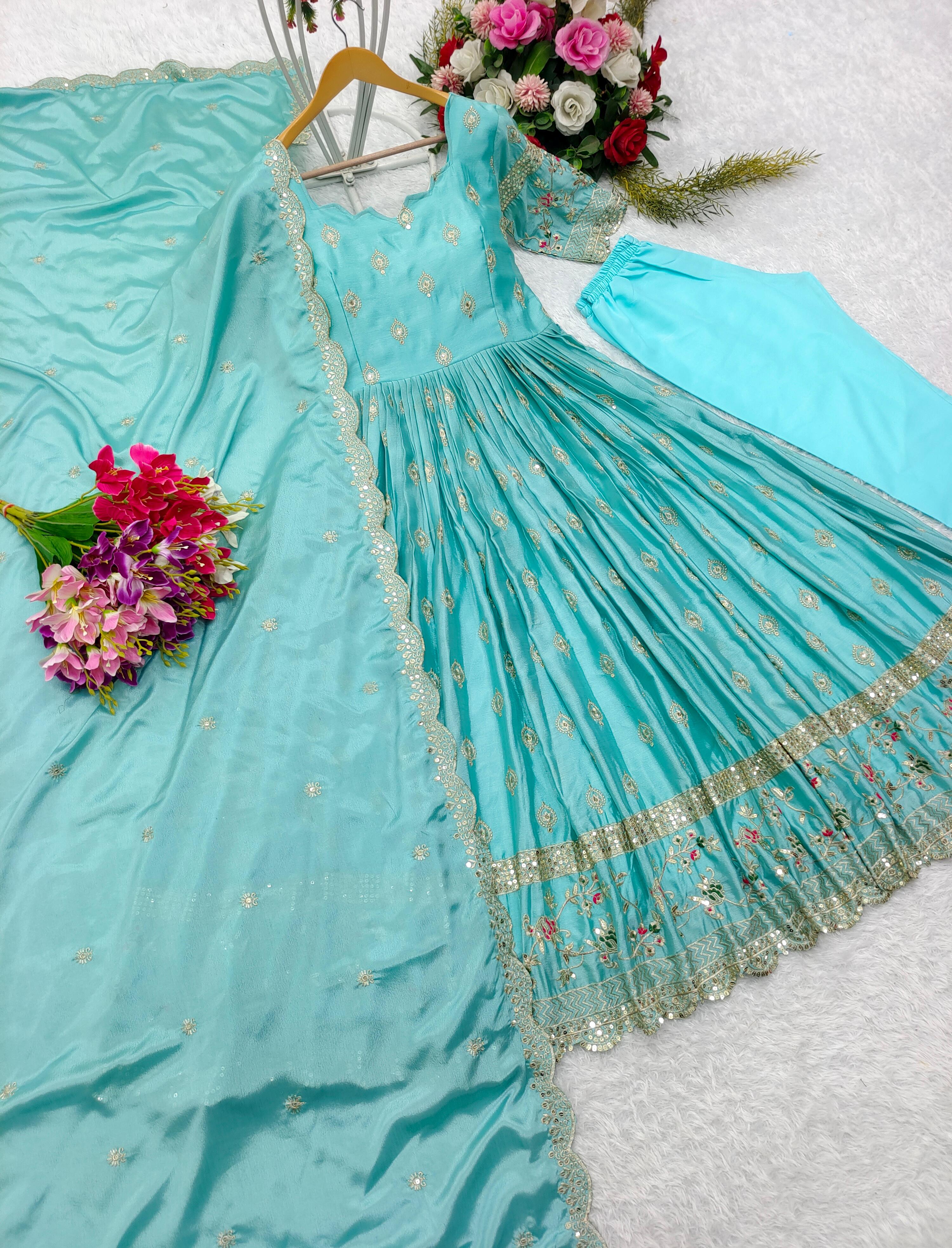 Flattering Sky Blue Color Sequence Embroidery Work Long Gown