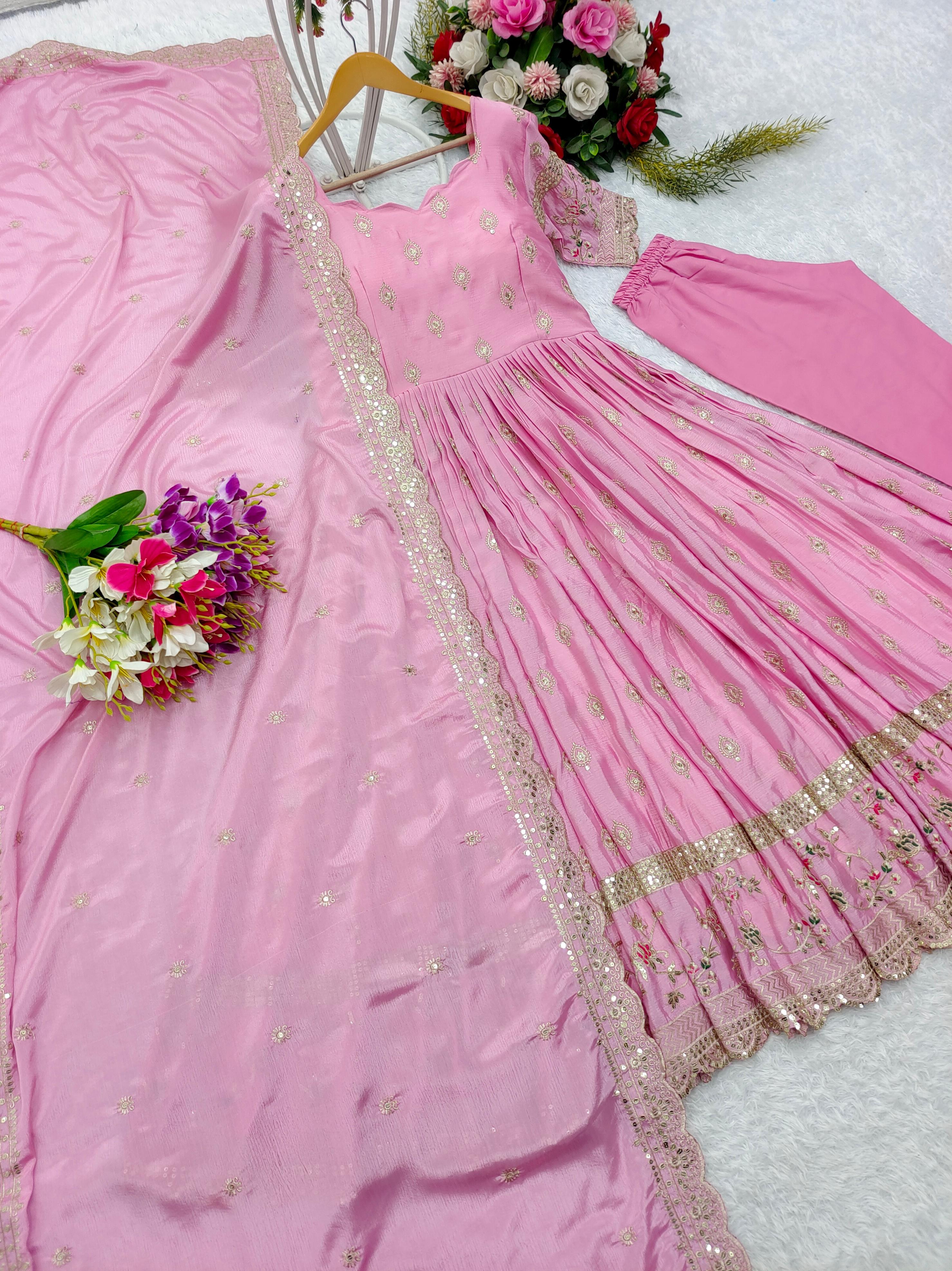 Flattering Pink Color Sequence Embroidery Work Long Gown