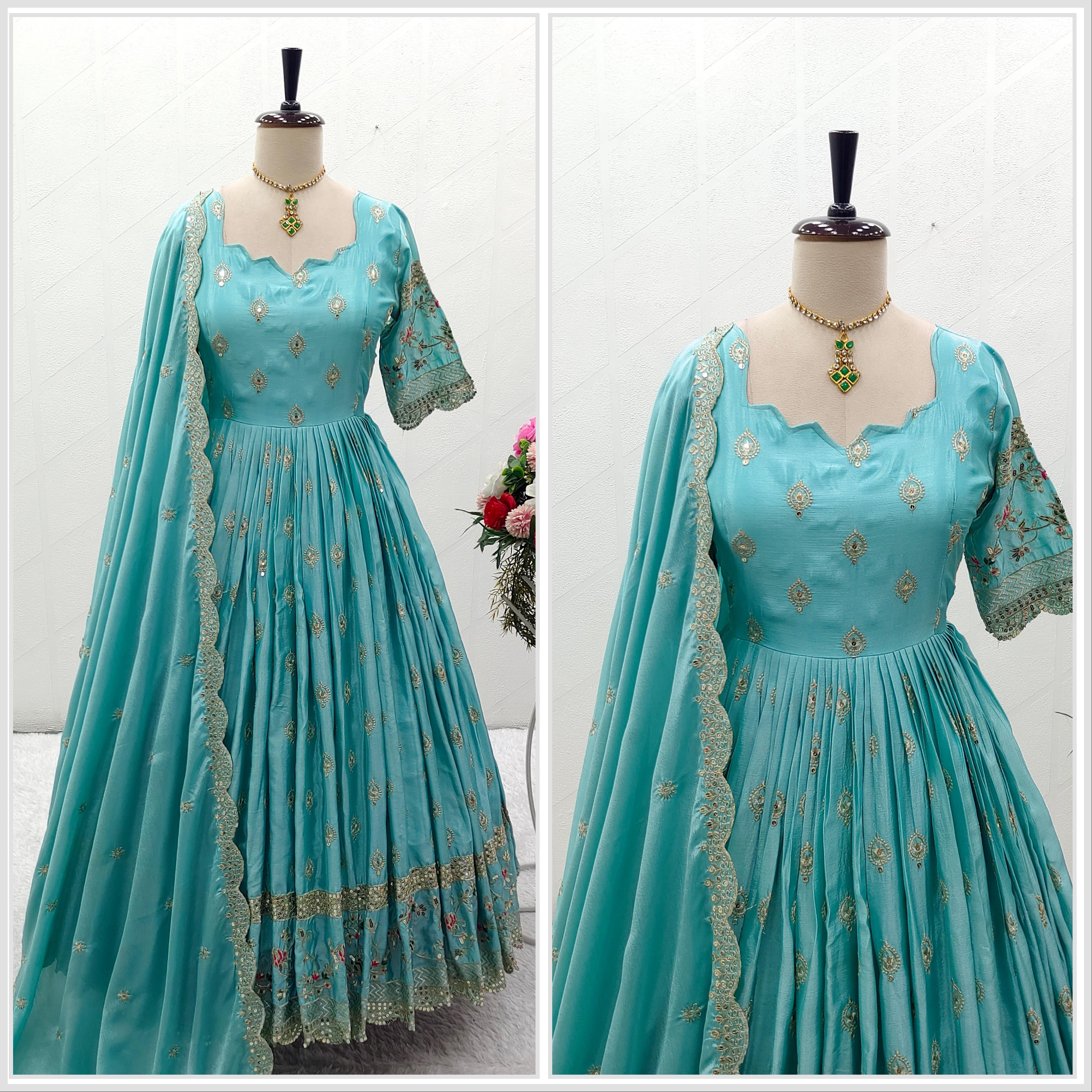 Flattering Sky Blue Color Sequence Embroidery Work Long Gown