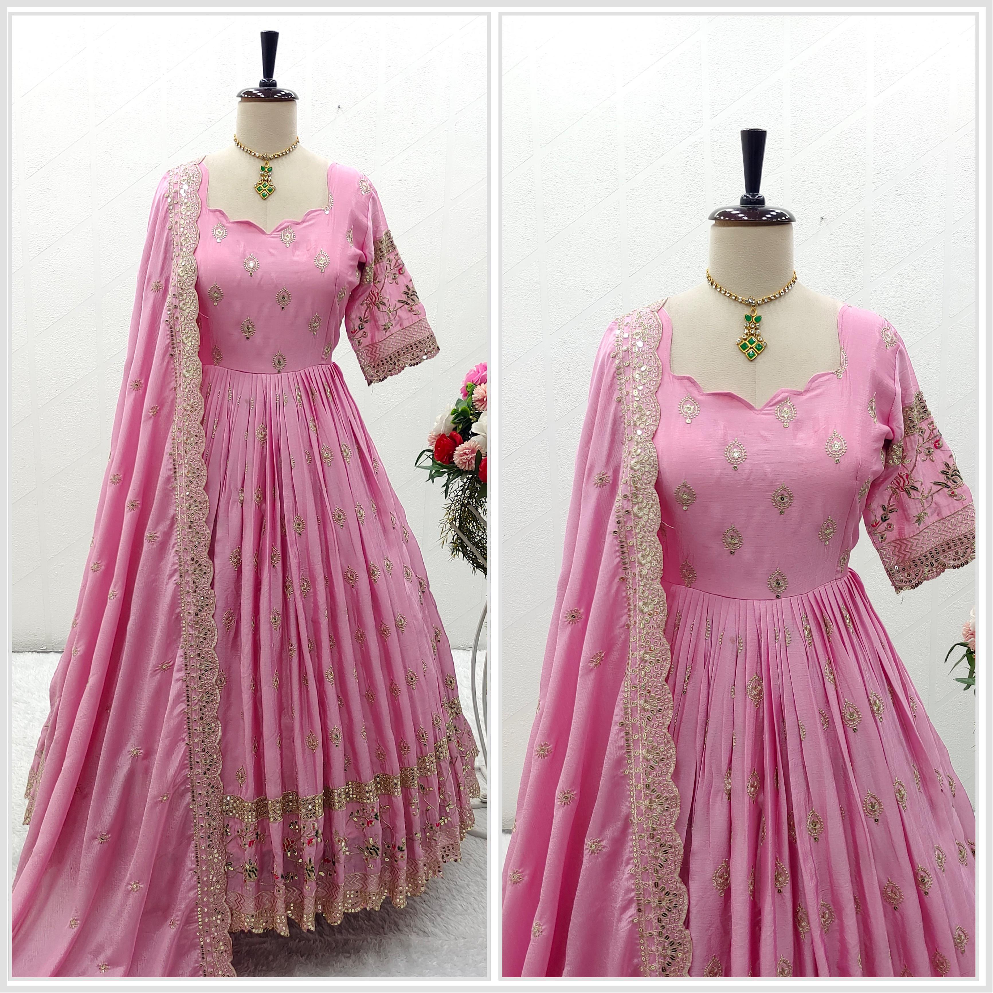 Flattering Pink Color Sequence Embroidery Work Long Gown