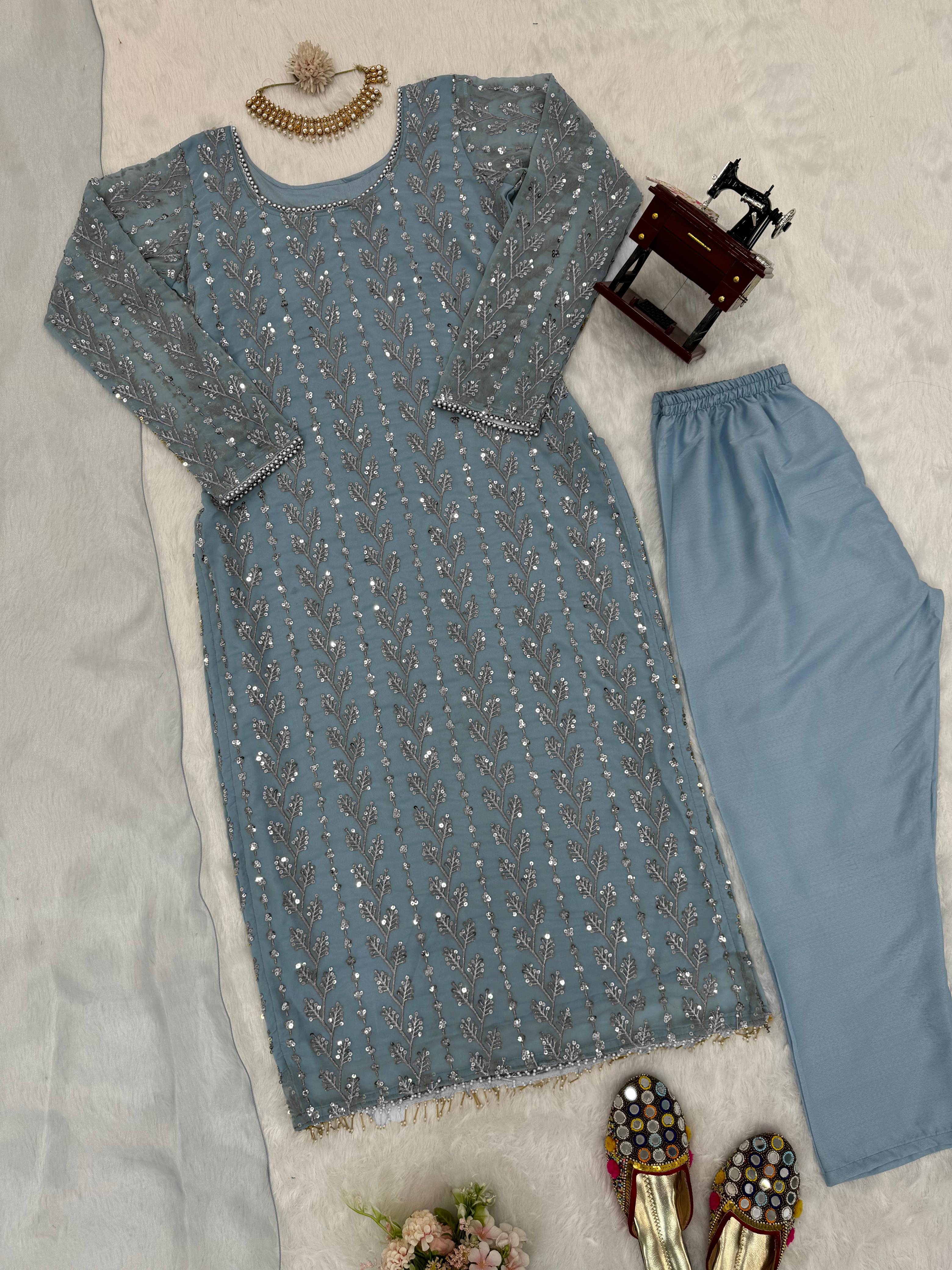 Grey Color Thread Work Georgette Kurti Pant With Dupatta