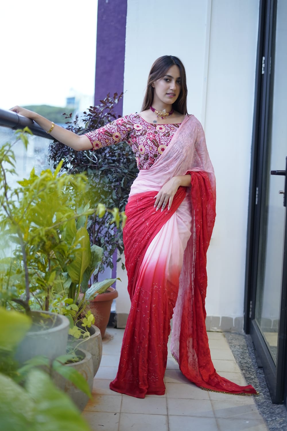 Peach With Red Double Tone Saree With Heavy Blouse