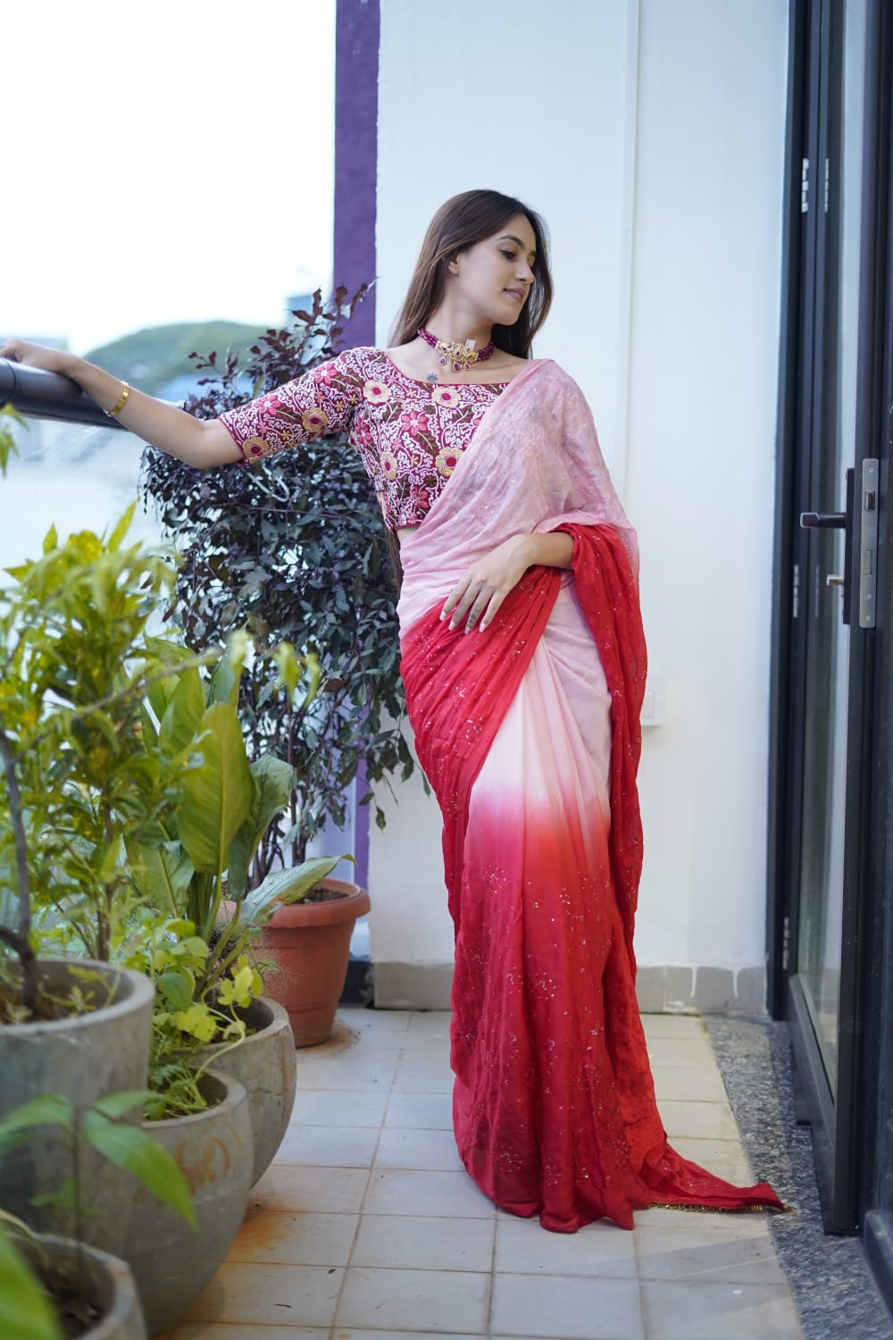 Peach With Red Double Tone Saree With Heavy Blouse