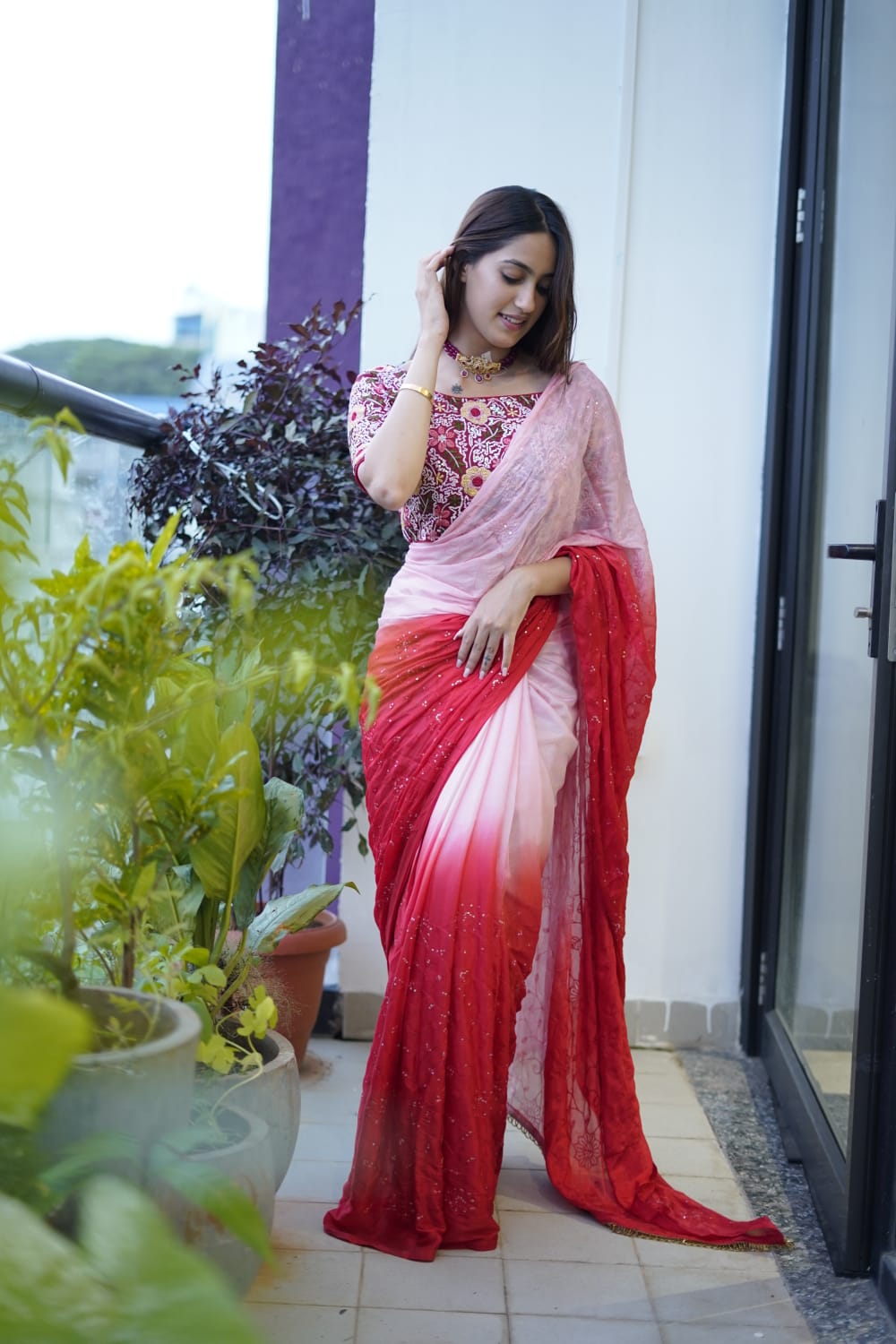 Peach With Red Double Tone Saree With Heavy Blouse