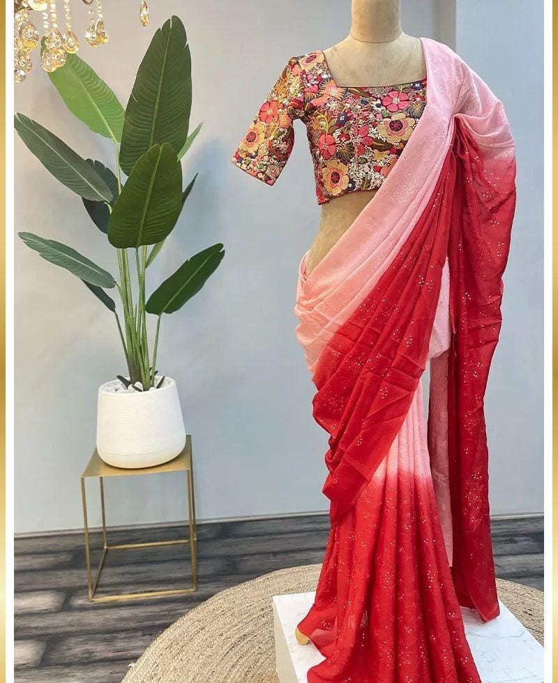 Peach With Red Double Tone Saree With Heavy Blouse