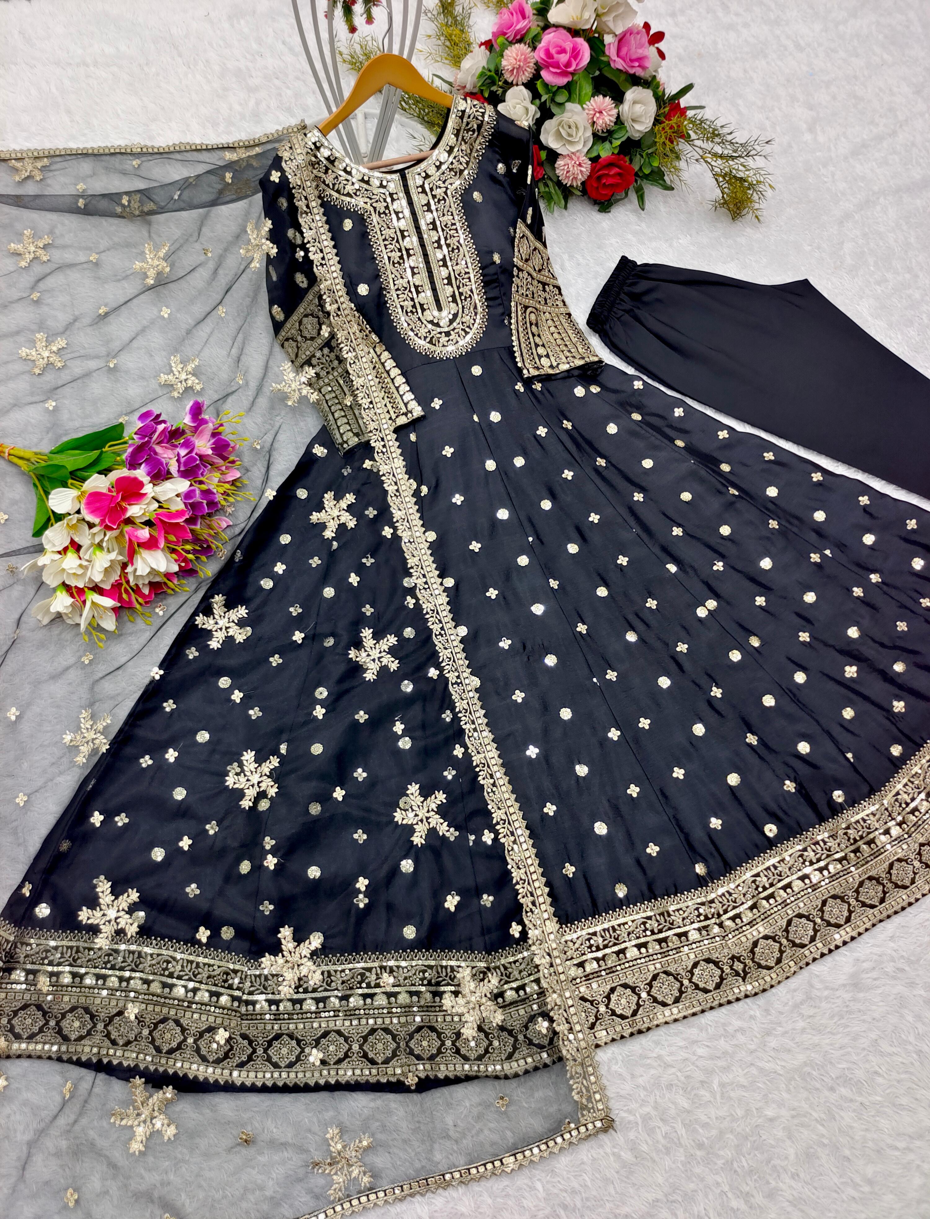 Beautiful Black Color Heavy Work Long Anarkali Gown