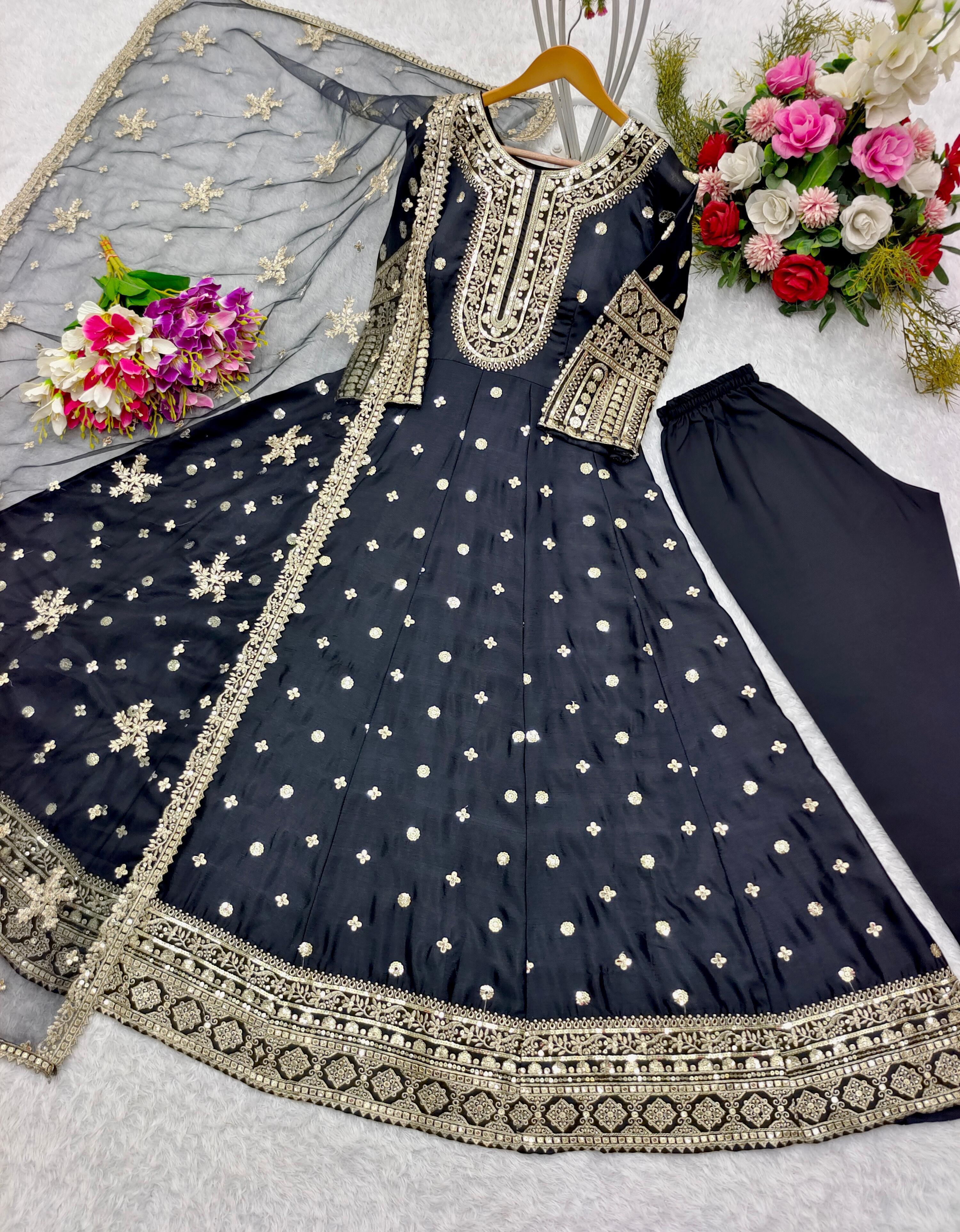 Beautiful Black Color Heavy Work Long Anarkali Gown