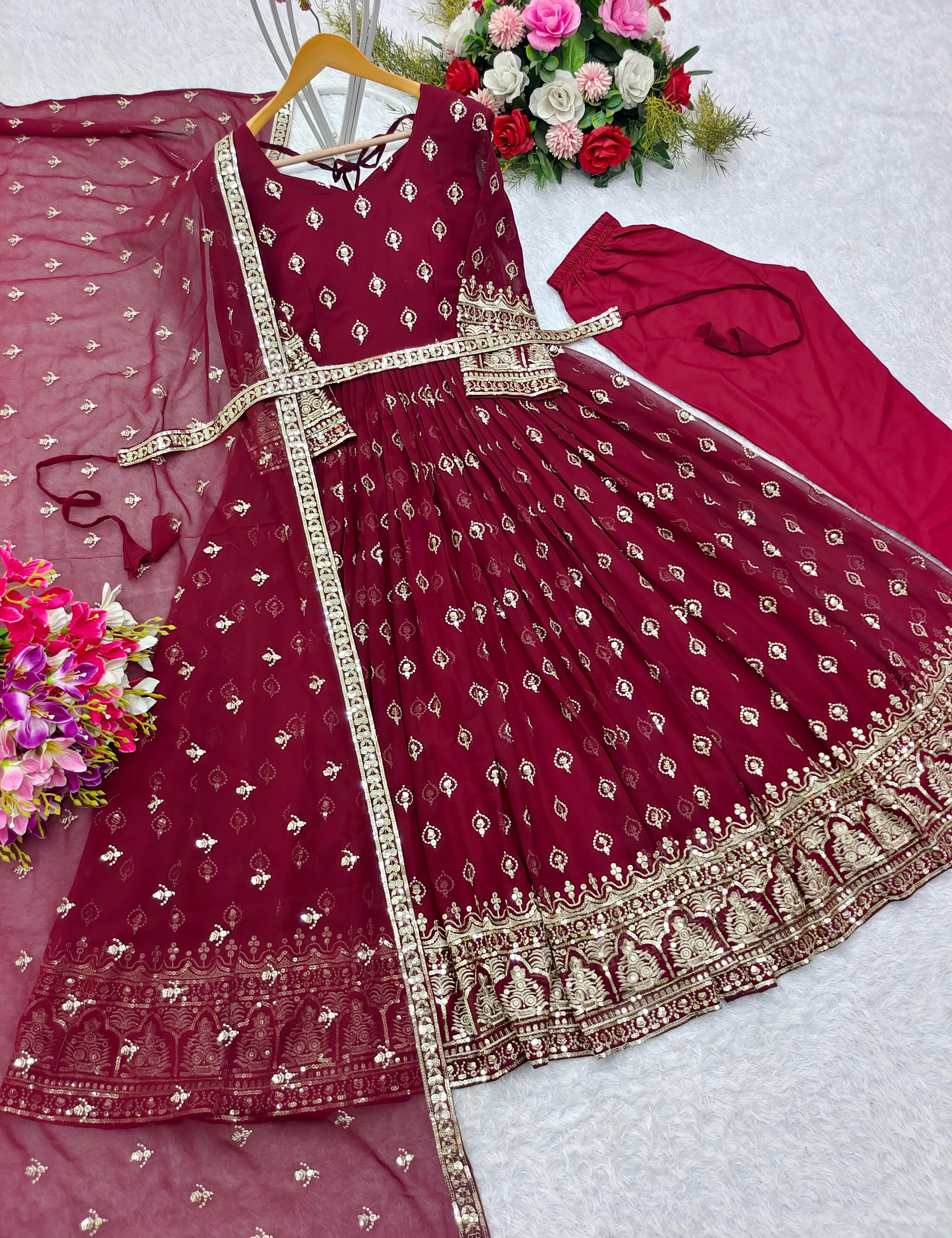 Awesome Sequence Work Maroon Color Gown