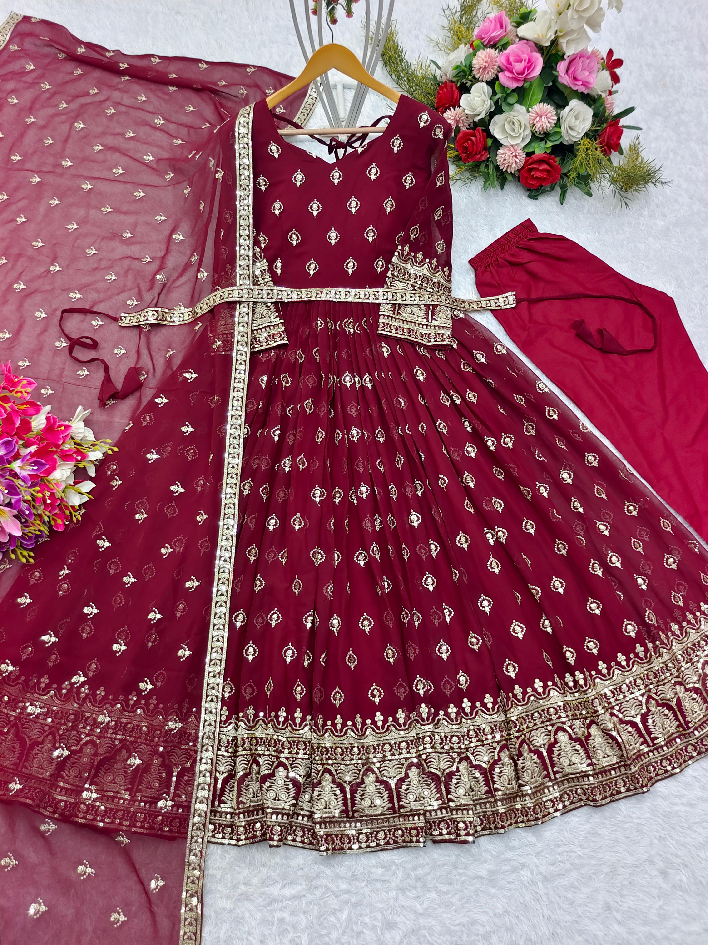 Awesome Sequence Work Maroon Color Gown