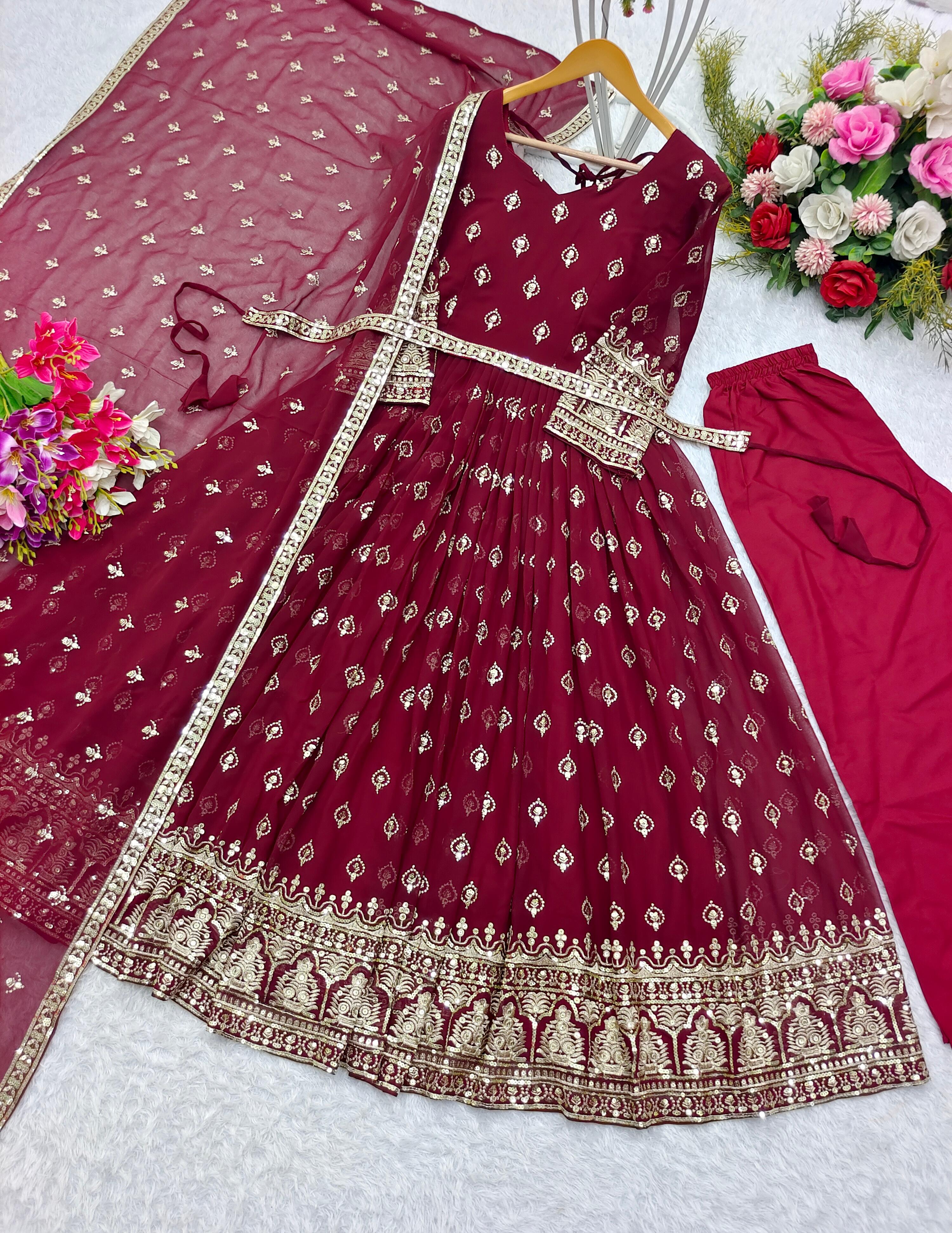 Awesome Sequence Work Maroon Color Gown