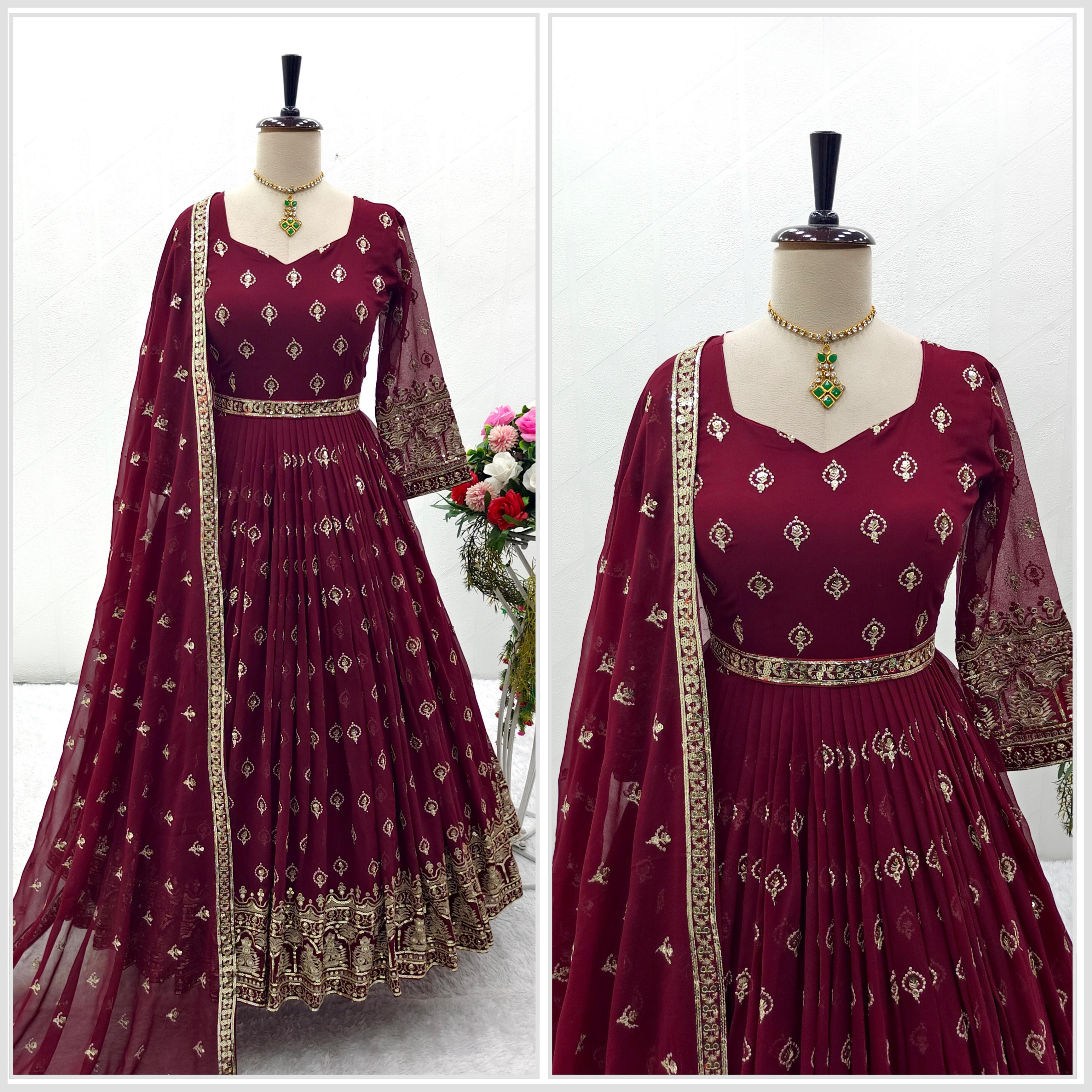 Awesome Sequence Work Maroon Color Gown