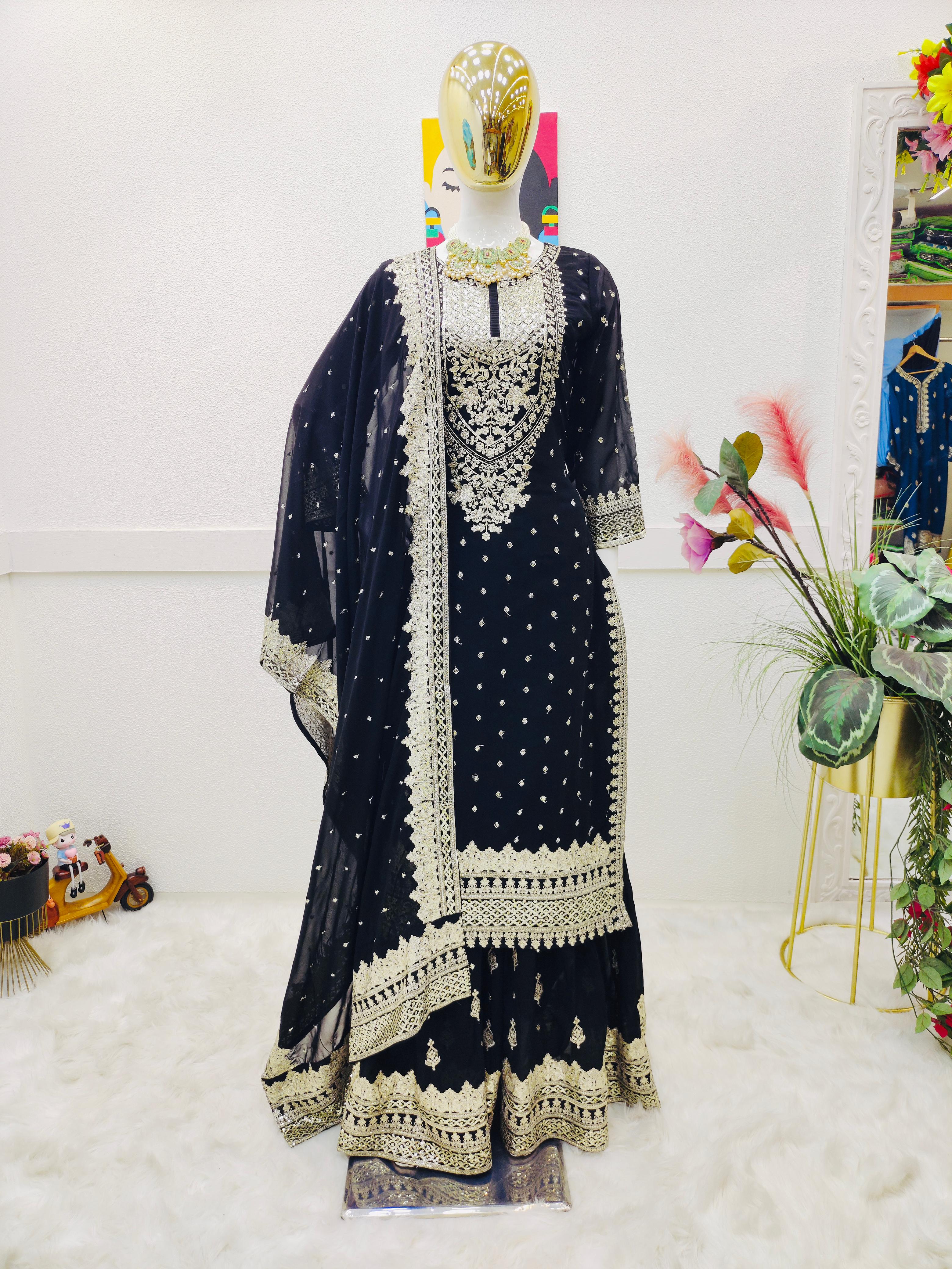 Opulent Black Color Sharara Suit With Dupatta