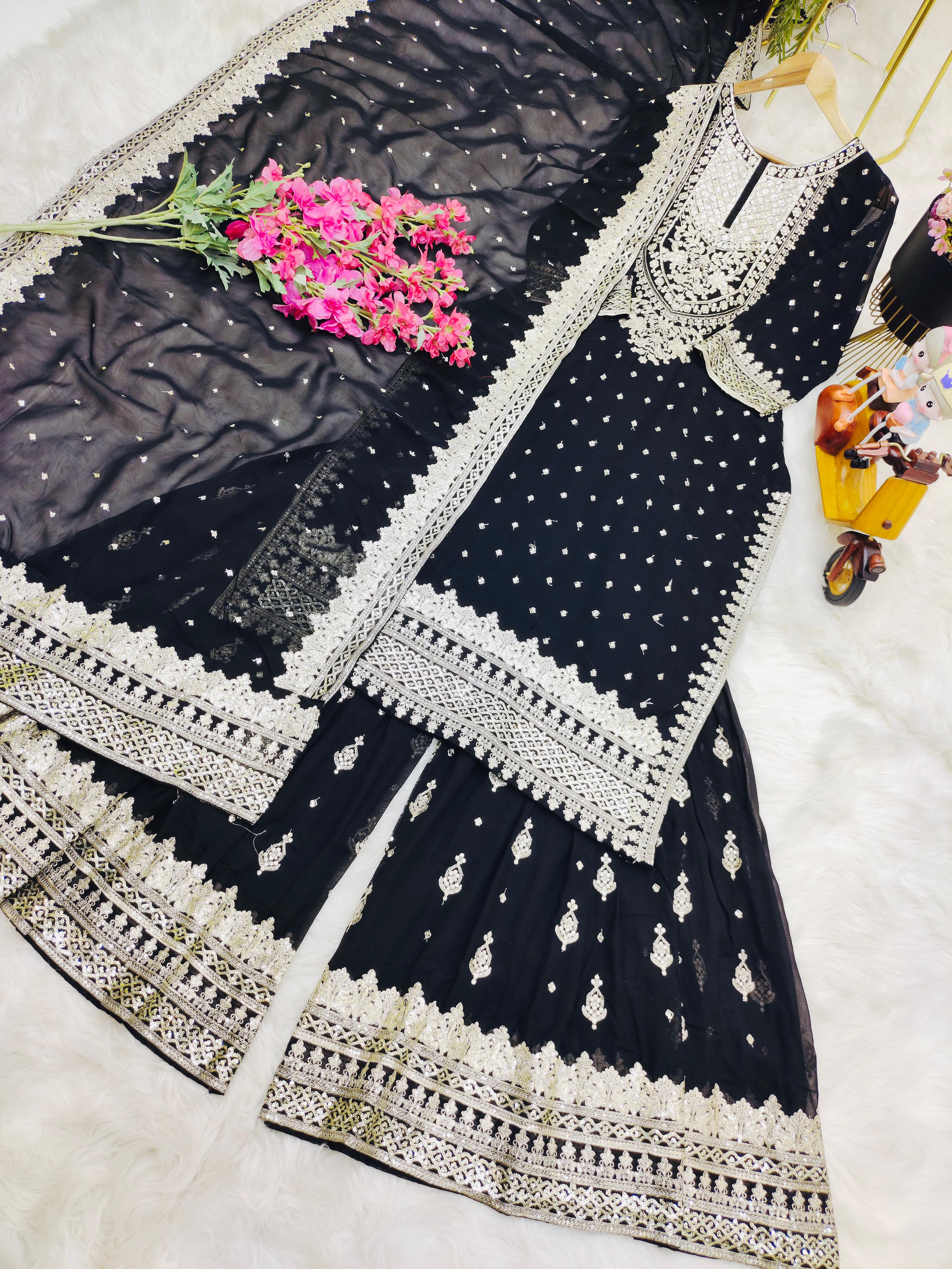 Opulent Black Color Sharara Suit With Dupatta