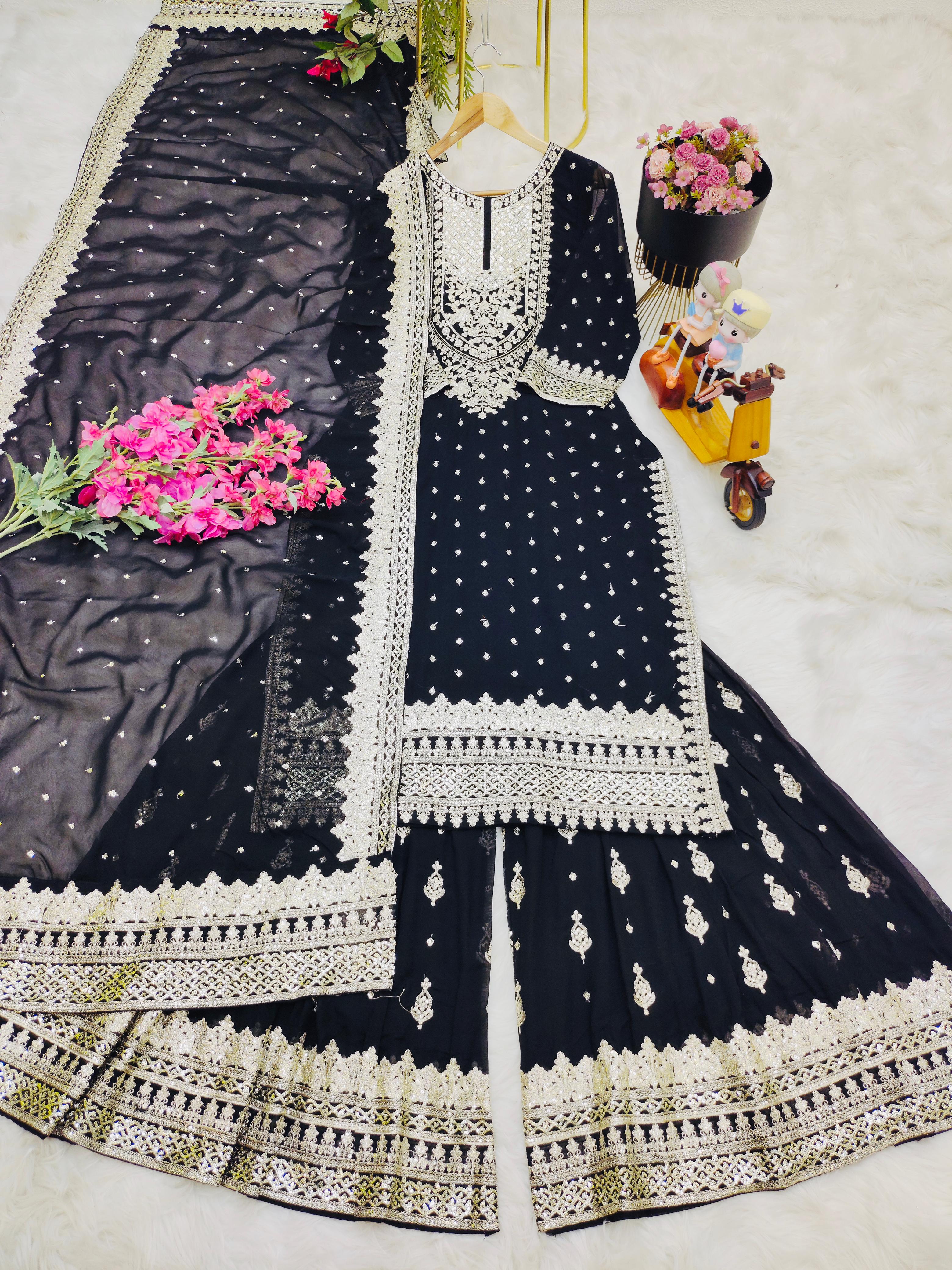 Opulent Black Color Sharara Suit With Dupatta