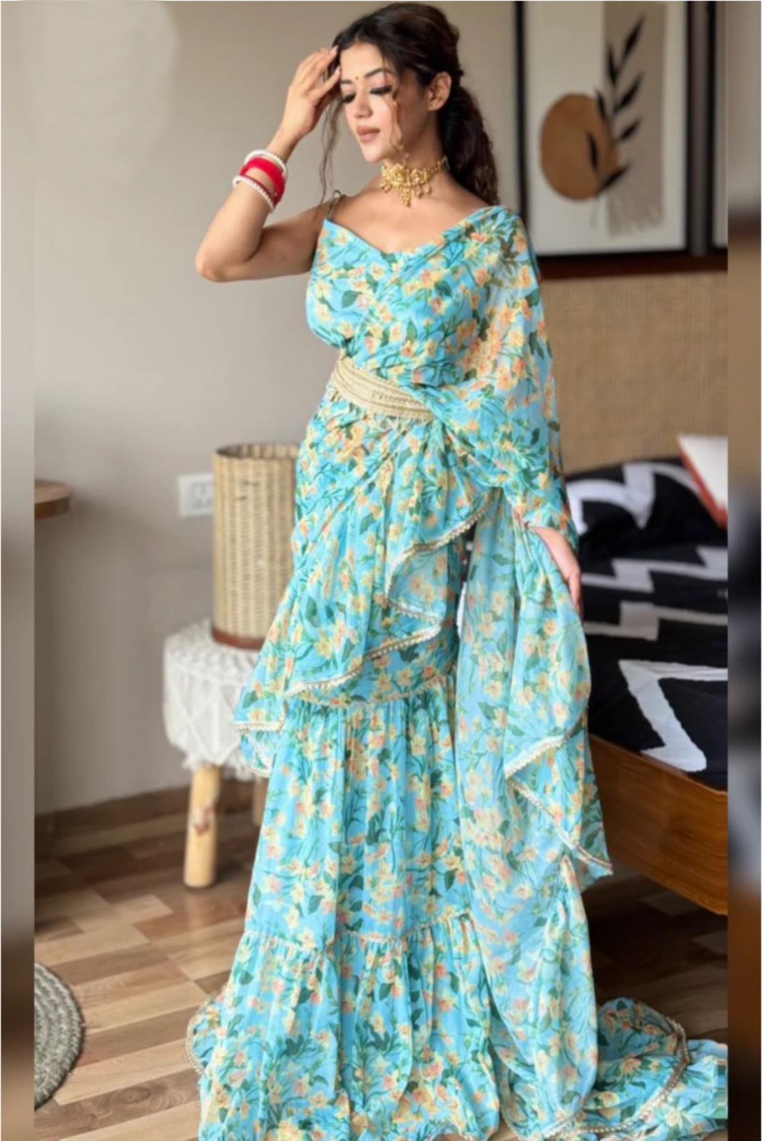 Beautiful Floral Print Sky Blue Lace Border Lehenga Saree