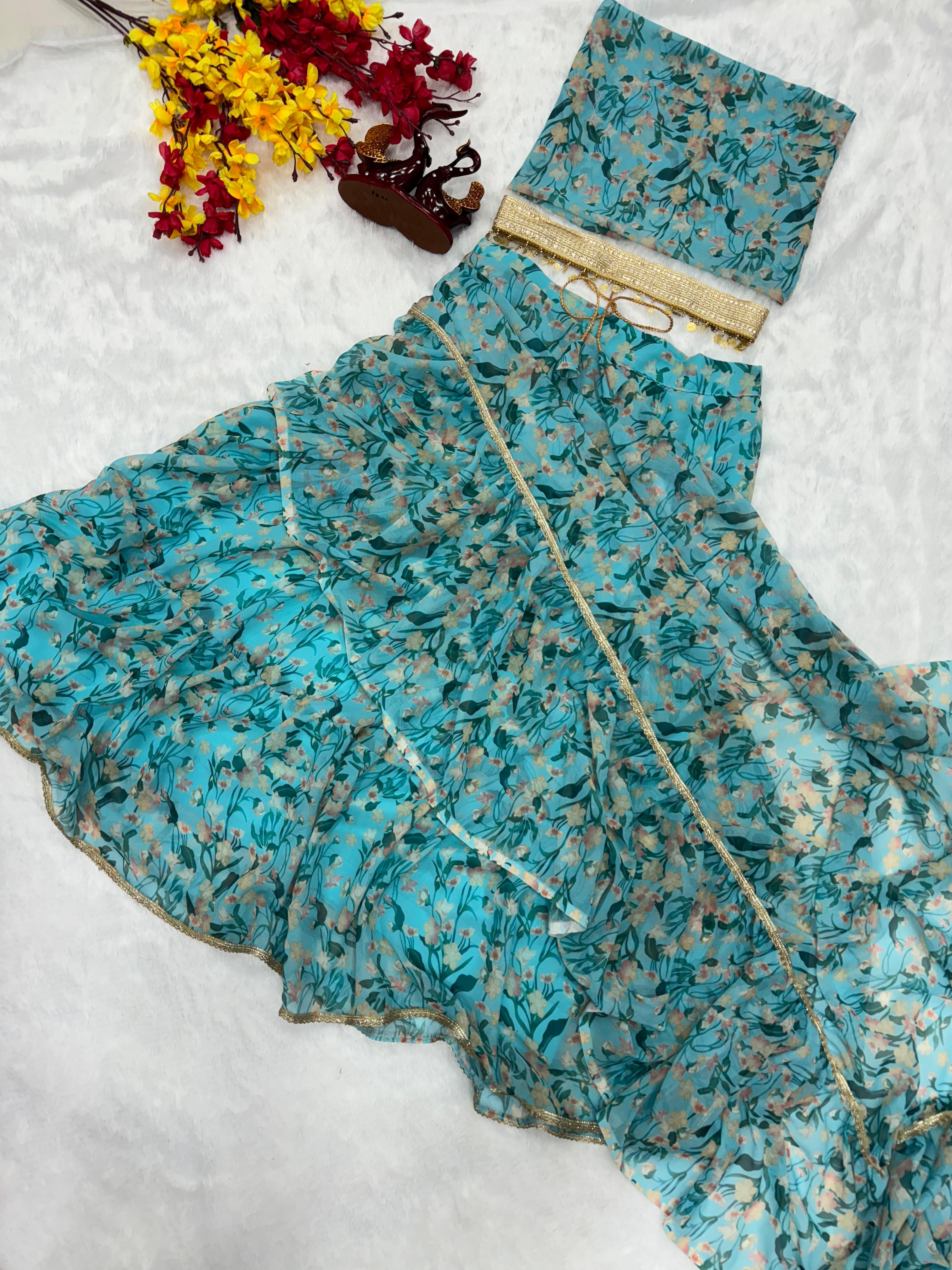 Beautiful Floral Print Sky Blue Lace Border Lehenga Saree