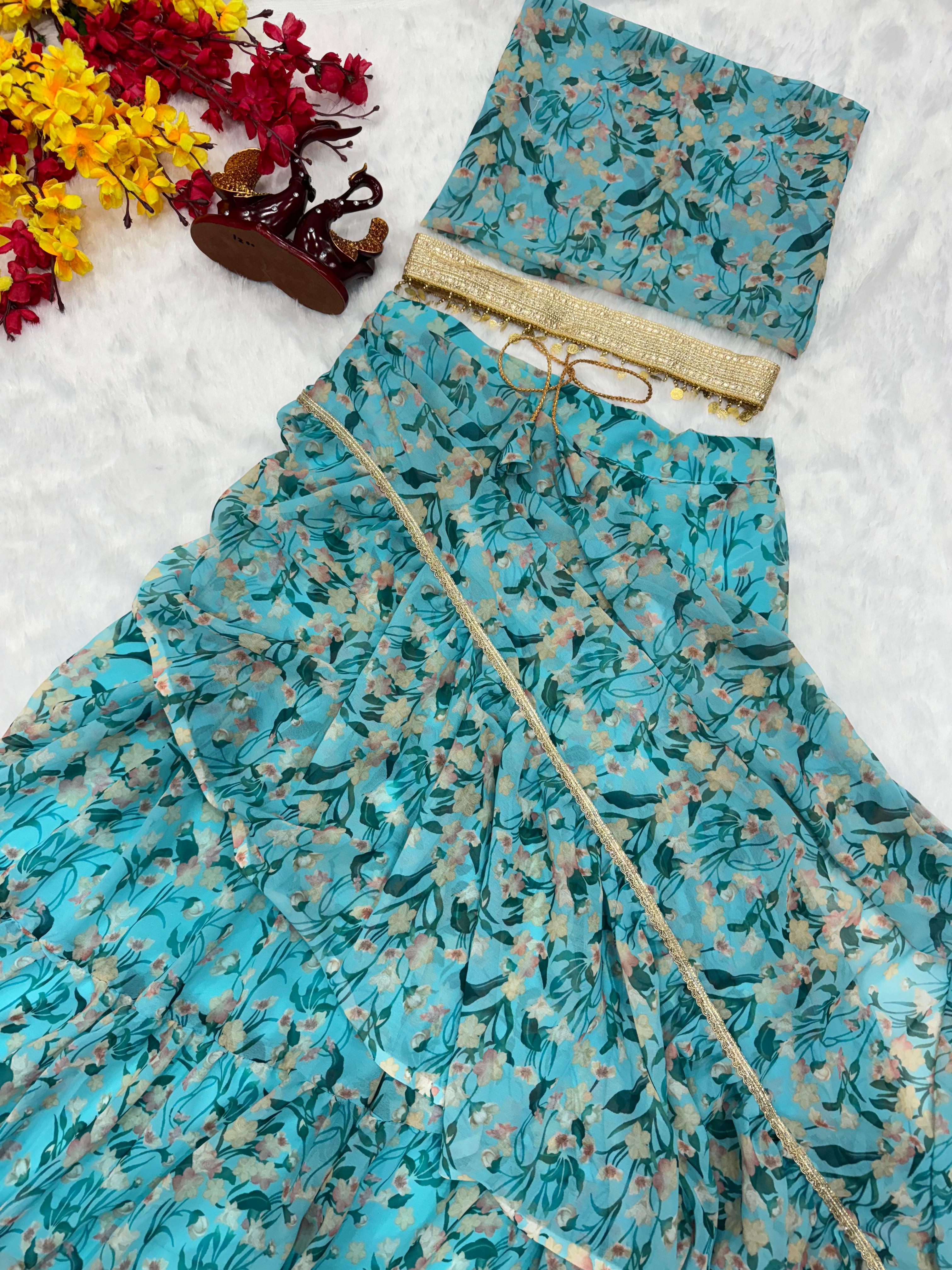 Beautiful Floral Print Sky Blue Lace Border Lehenga Saree