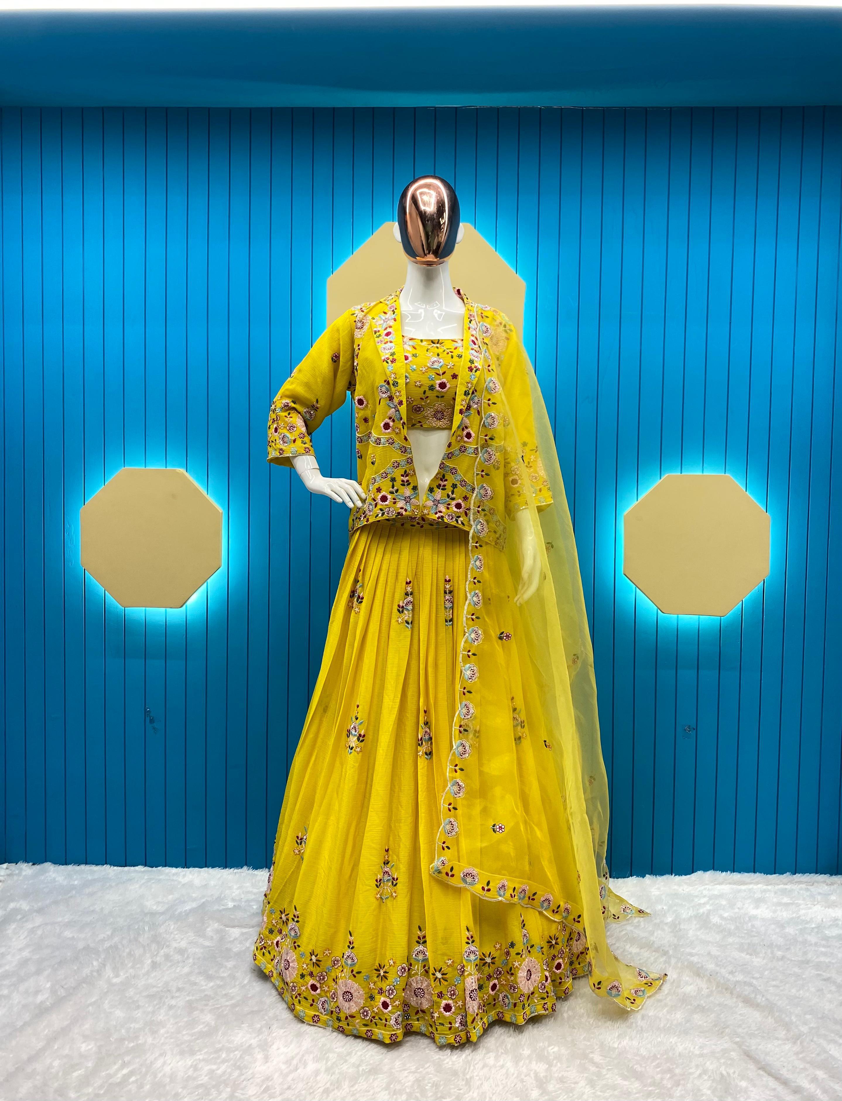 Yellow Color Multi Work Lehenga Choli With Koti