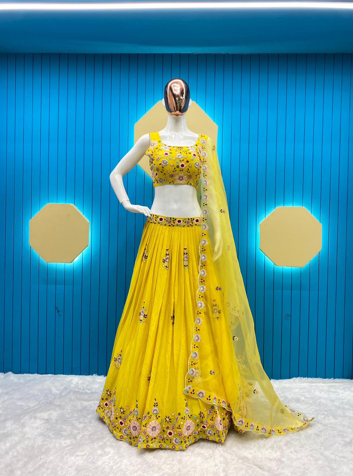 Yellow Color Multi Work Lehenga Choli With Koti