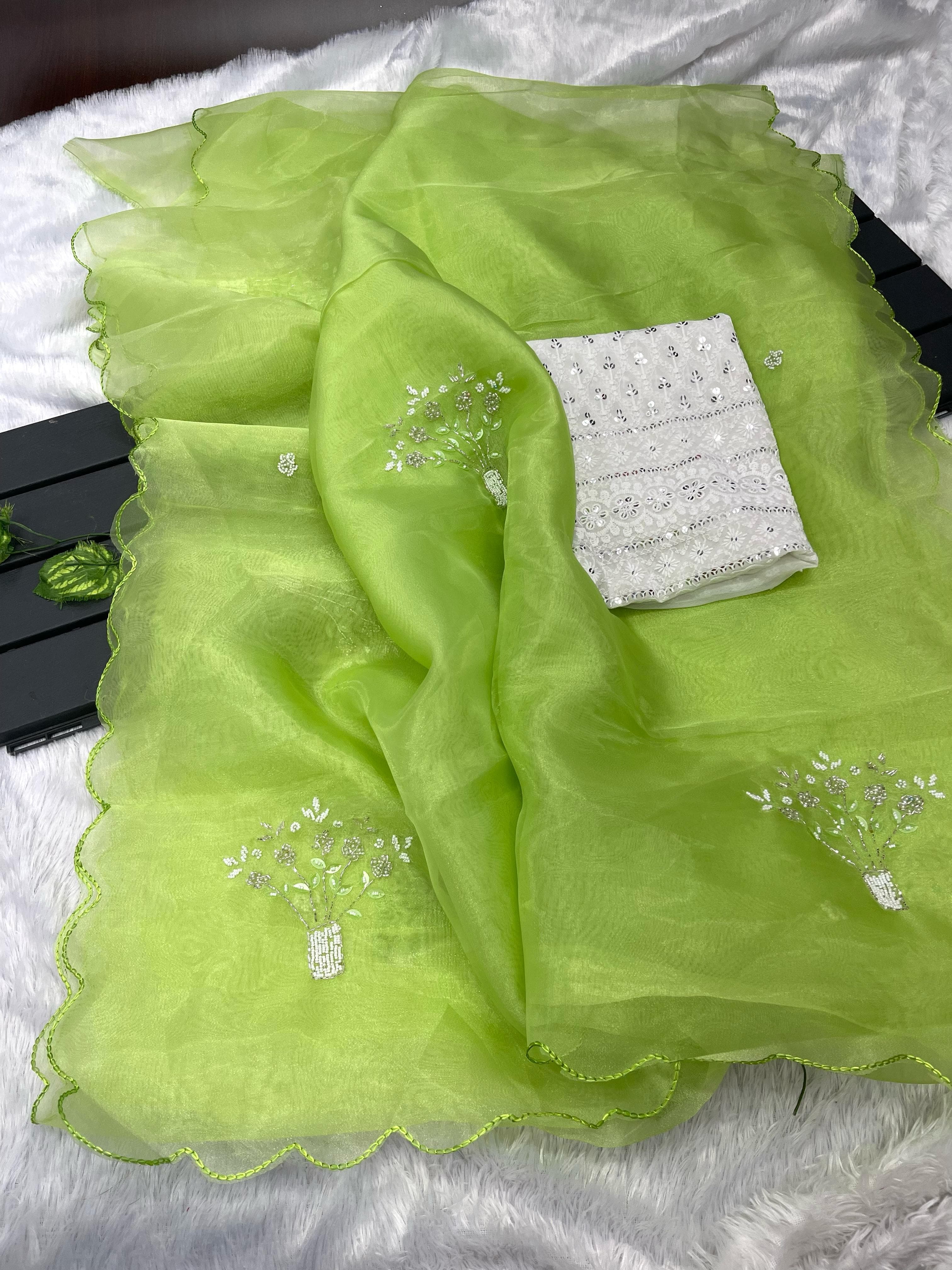 Beautiful Khatli Moti Work Green Organza Silk Saree