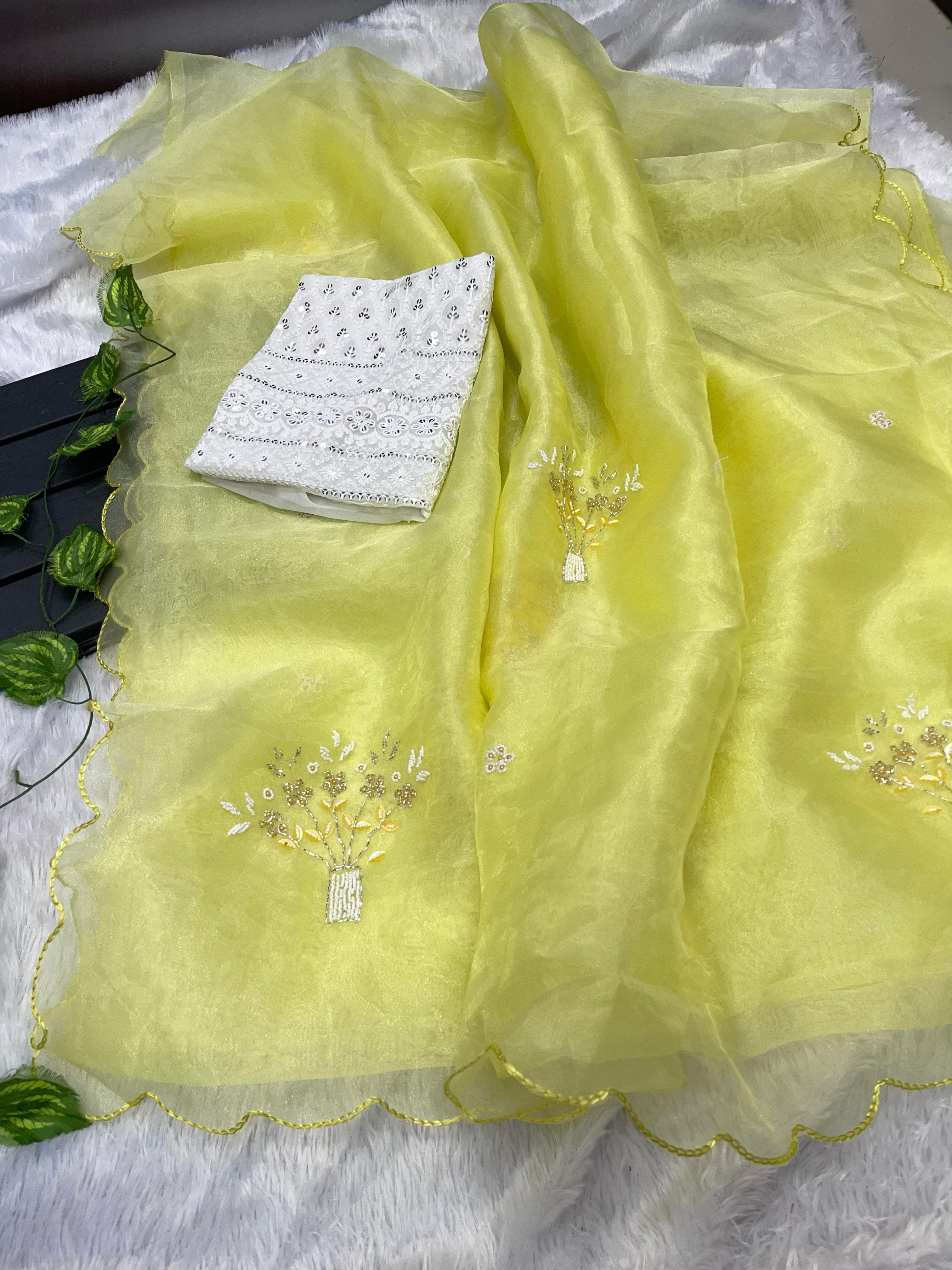 Beautiful Khatli Moti Work Yellow Organza Silk Saree