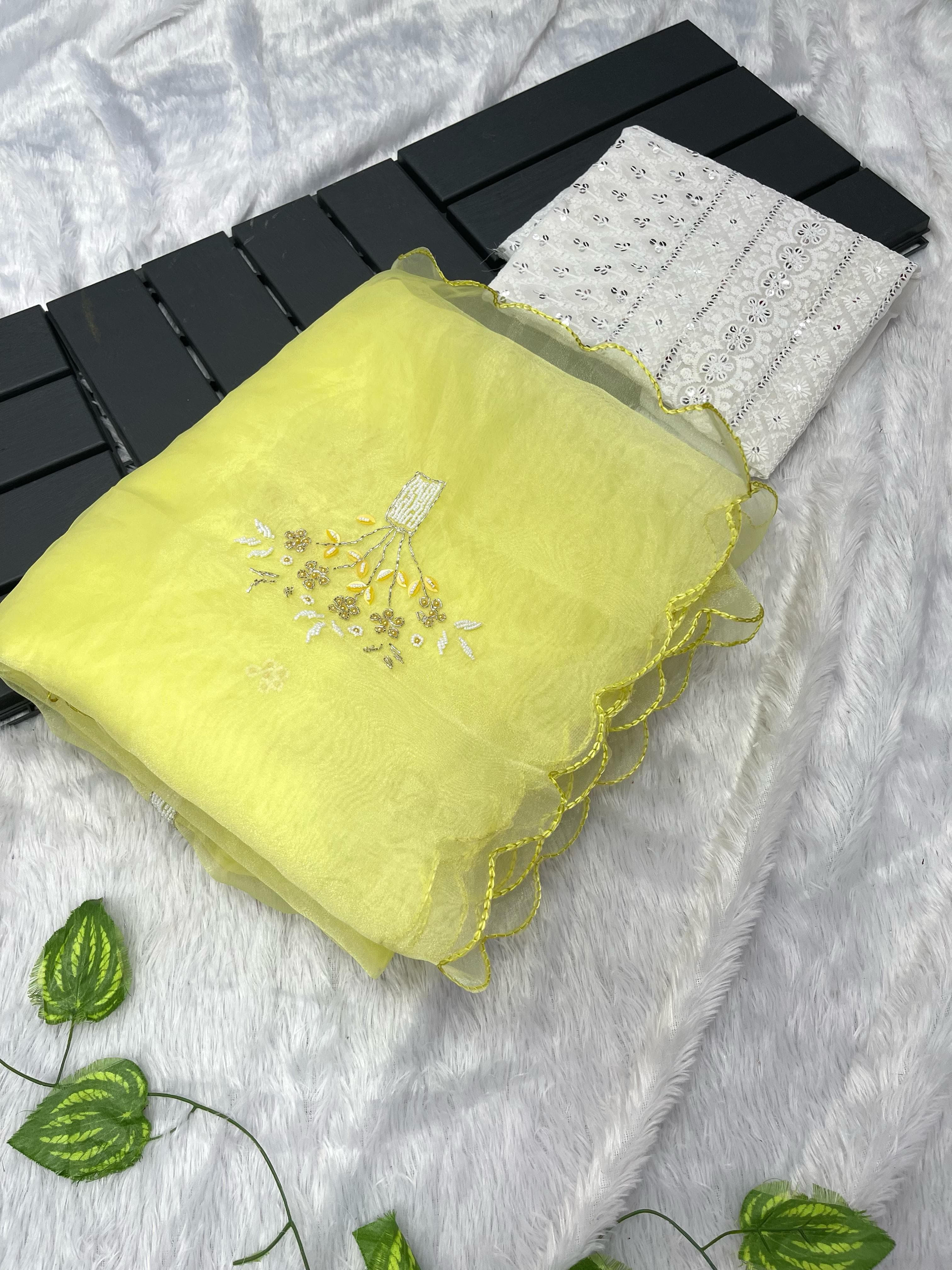 Beautiful Khatli Moti Work Yellow Organza Silk Saree