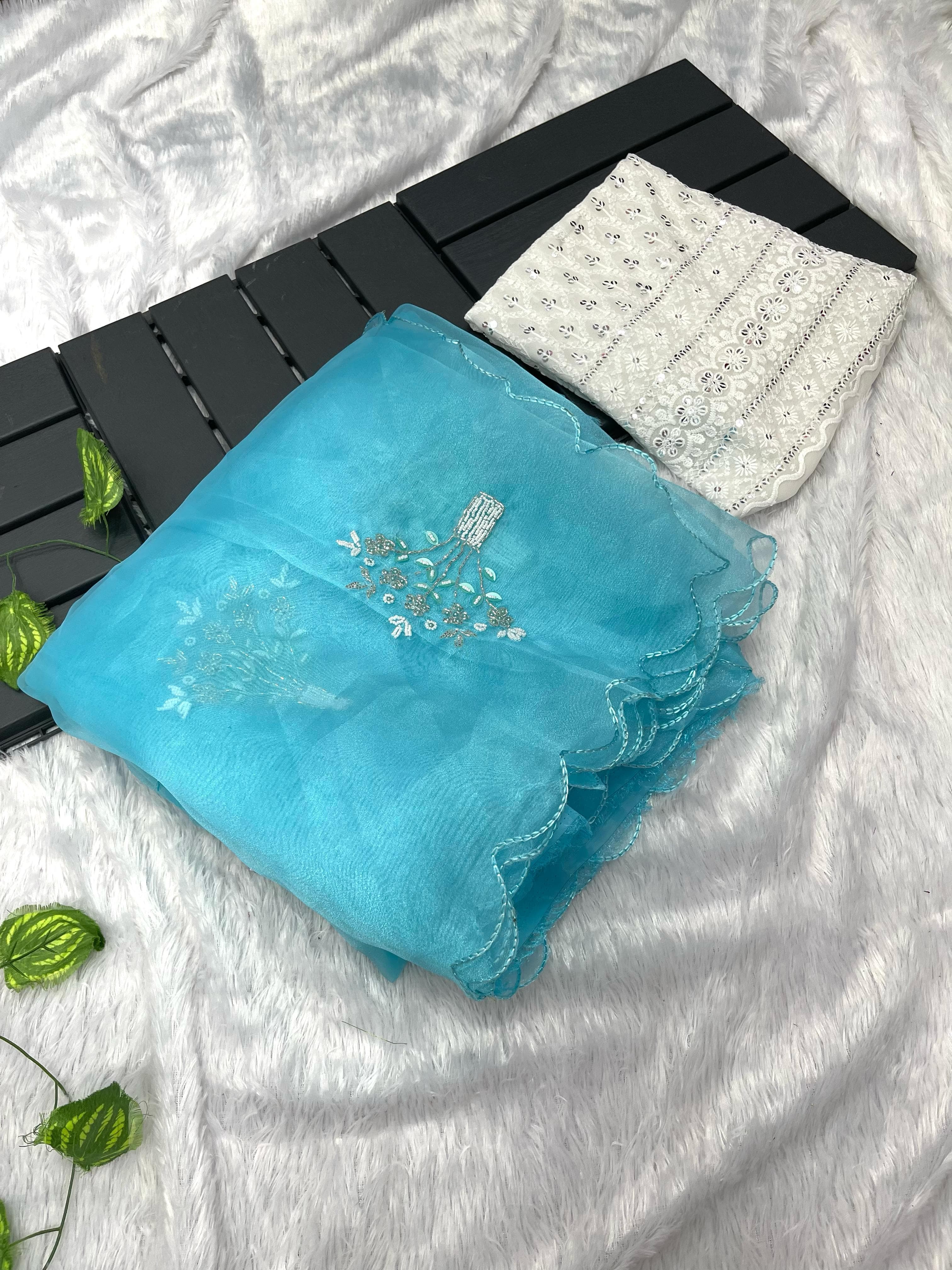 Beautiful Khatli Moti Work Sky Blue Organza Silk Saree