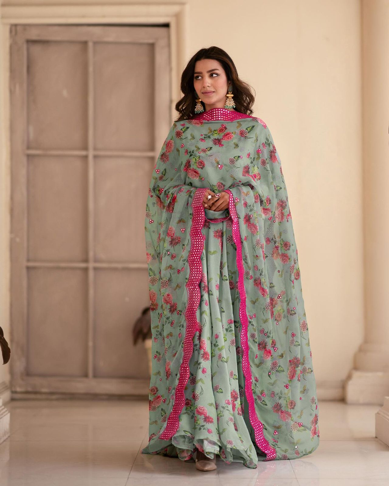 Classy Flower Print Pista Color Long Gown With Dupatta