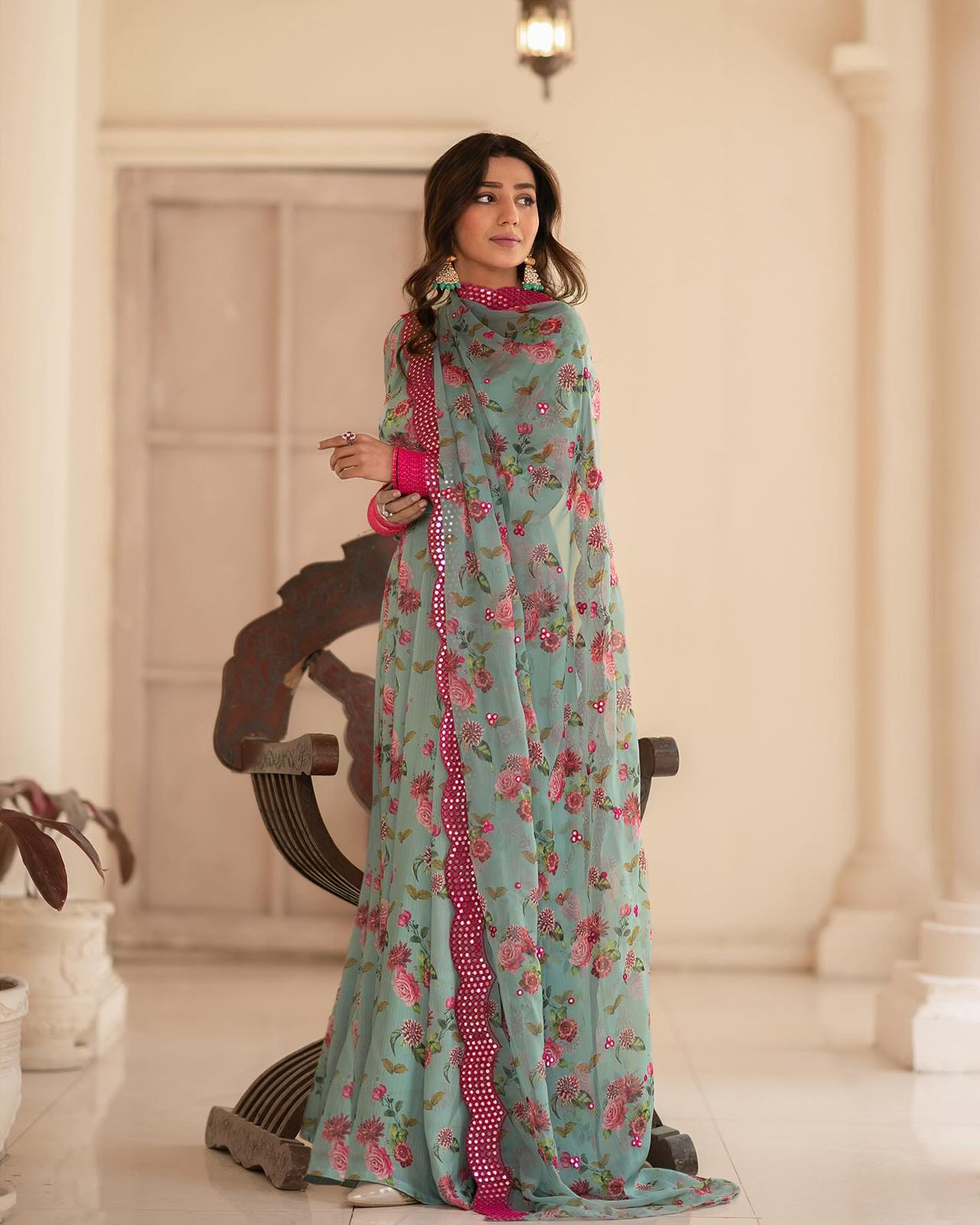 Classy Flower Print Pista Color Long Gown With Dupatta