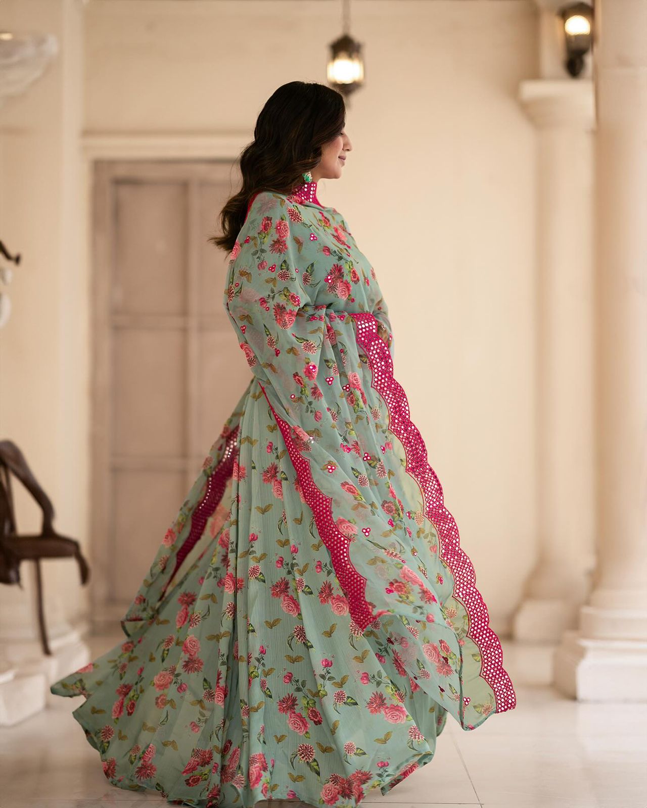 Classy Flower Print Pista Color Long Gown With Dupatta