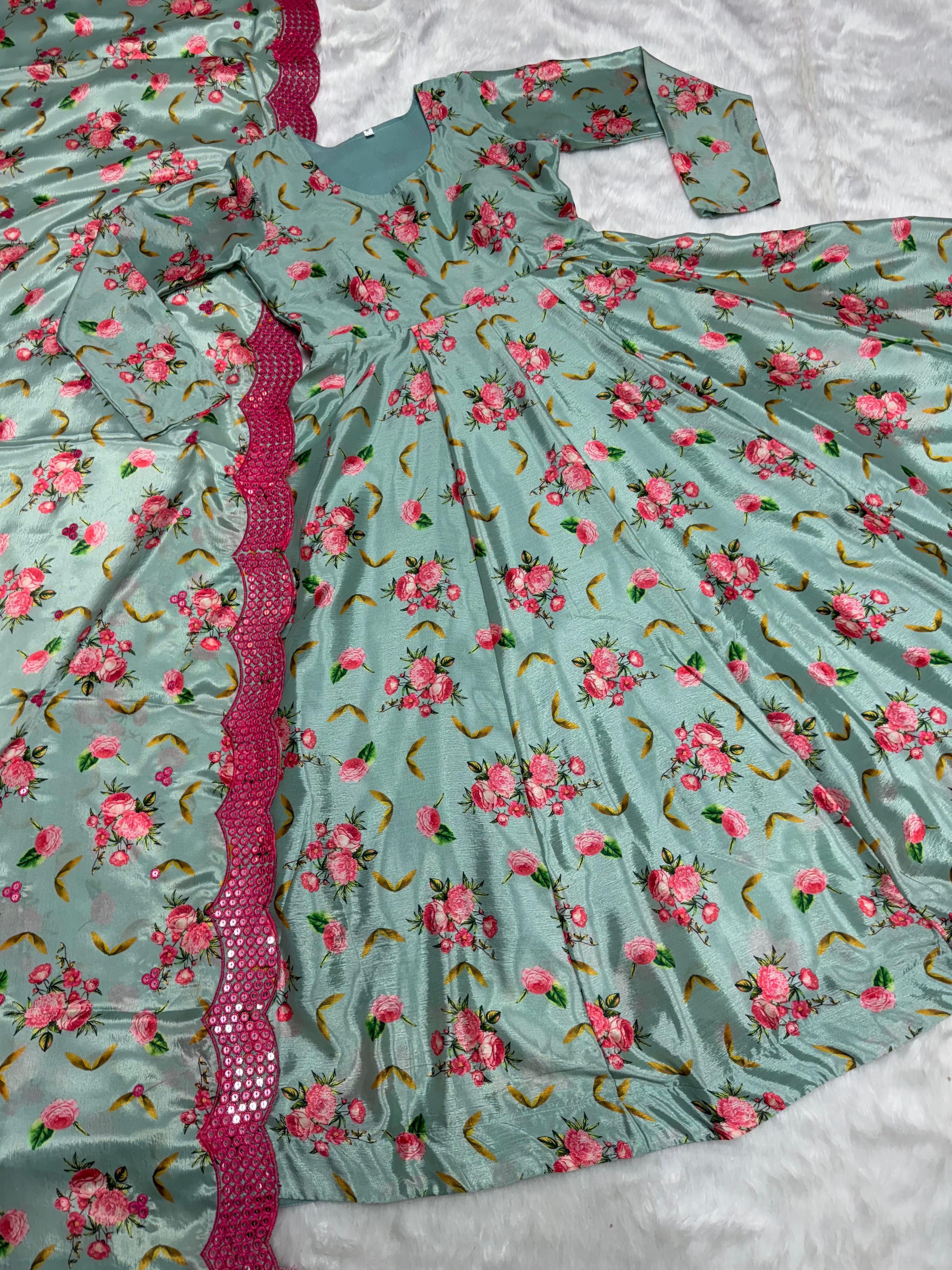 Classy Flower Print Pista Color Long Gown With Dupatta