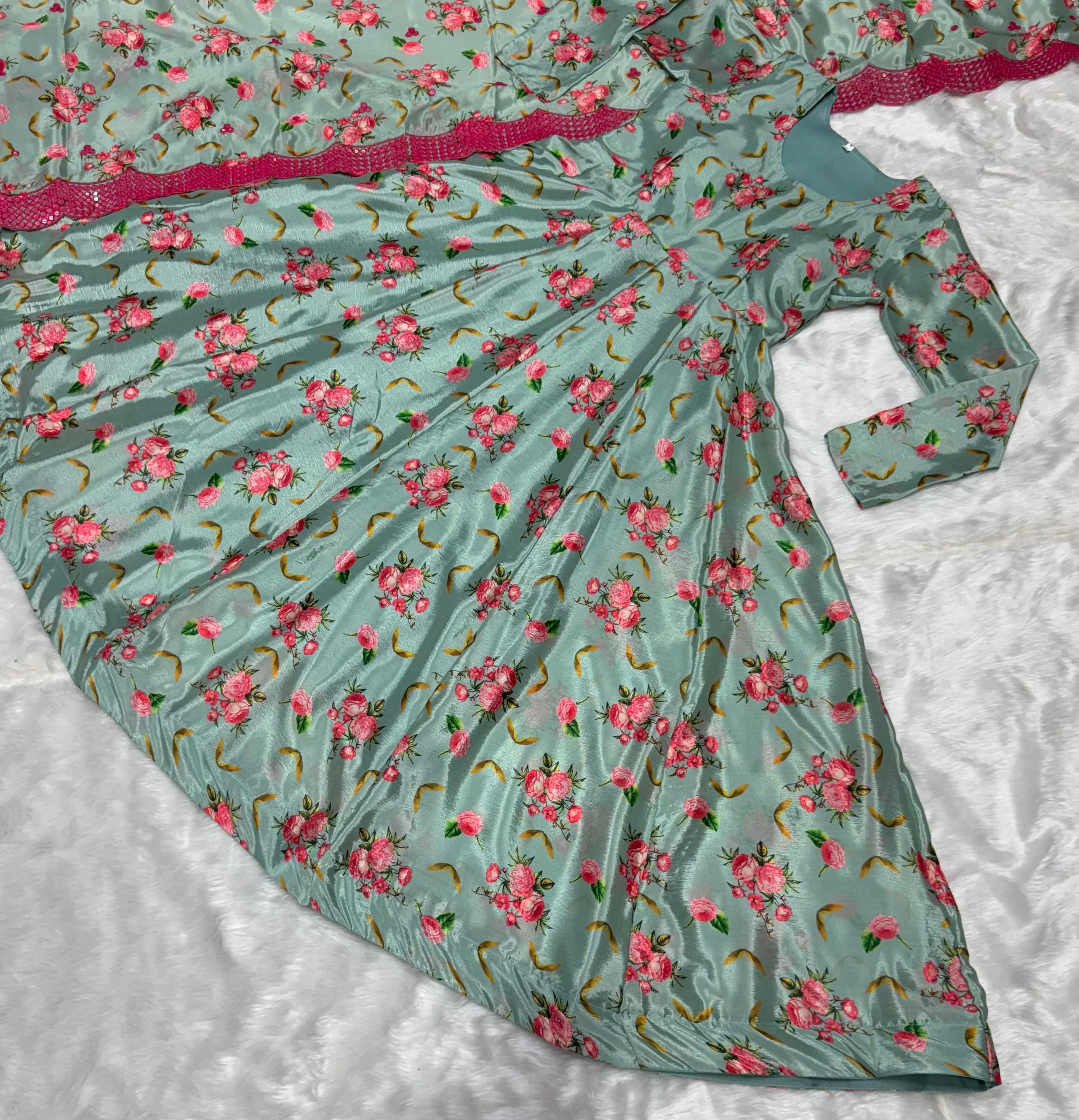 Classy Flower Print Pista Color Long Gown With Dupatta